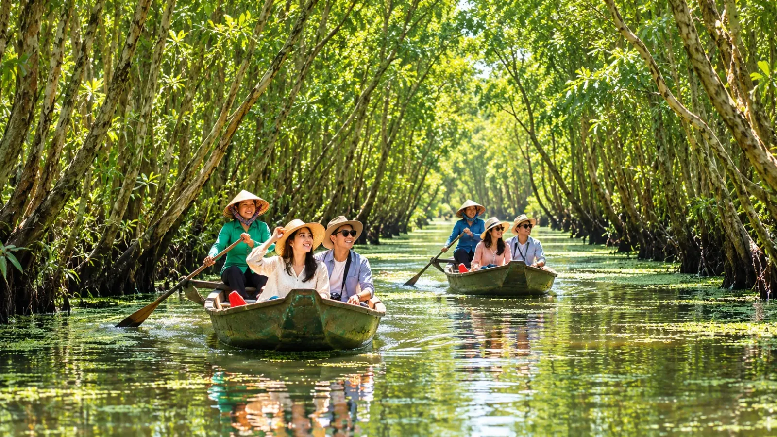 Đi xuồng giữa các tuyến kênh rừng tràm là trải nghiệm sinh thái được nhiều du khách lựa chọn khi đến Gáo Giồng.