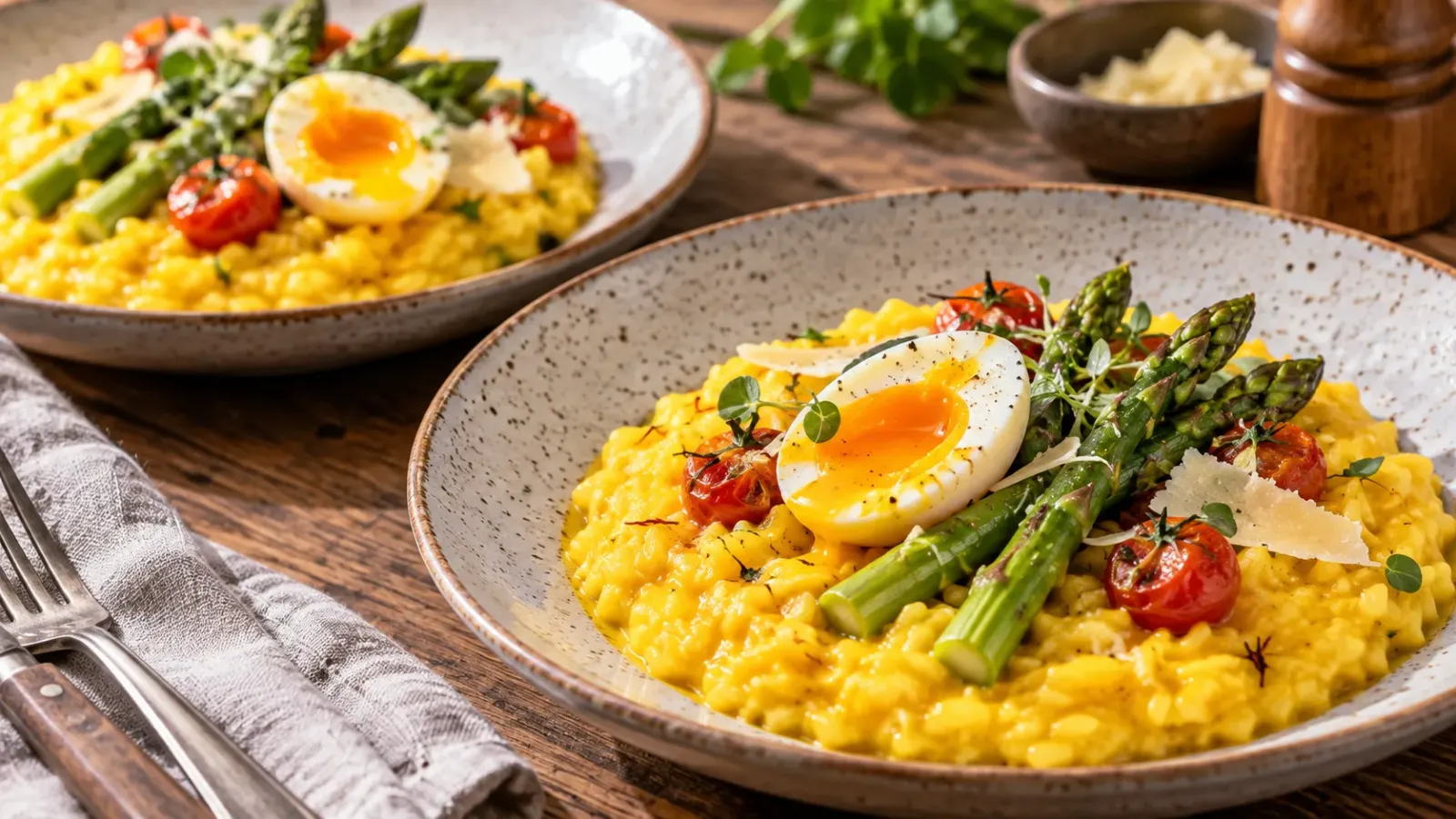 Hai đĩa cơm risotto màu vàng được trình bày với trứng, măng tây và các loại rau củ