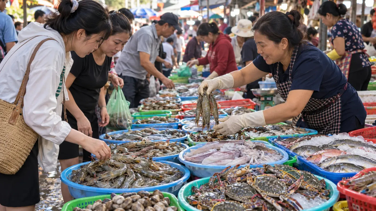 Hải sản tươi được bày bán tại chợ Xóm Lưới Vũng Tàu