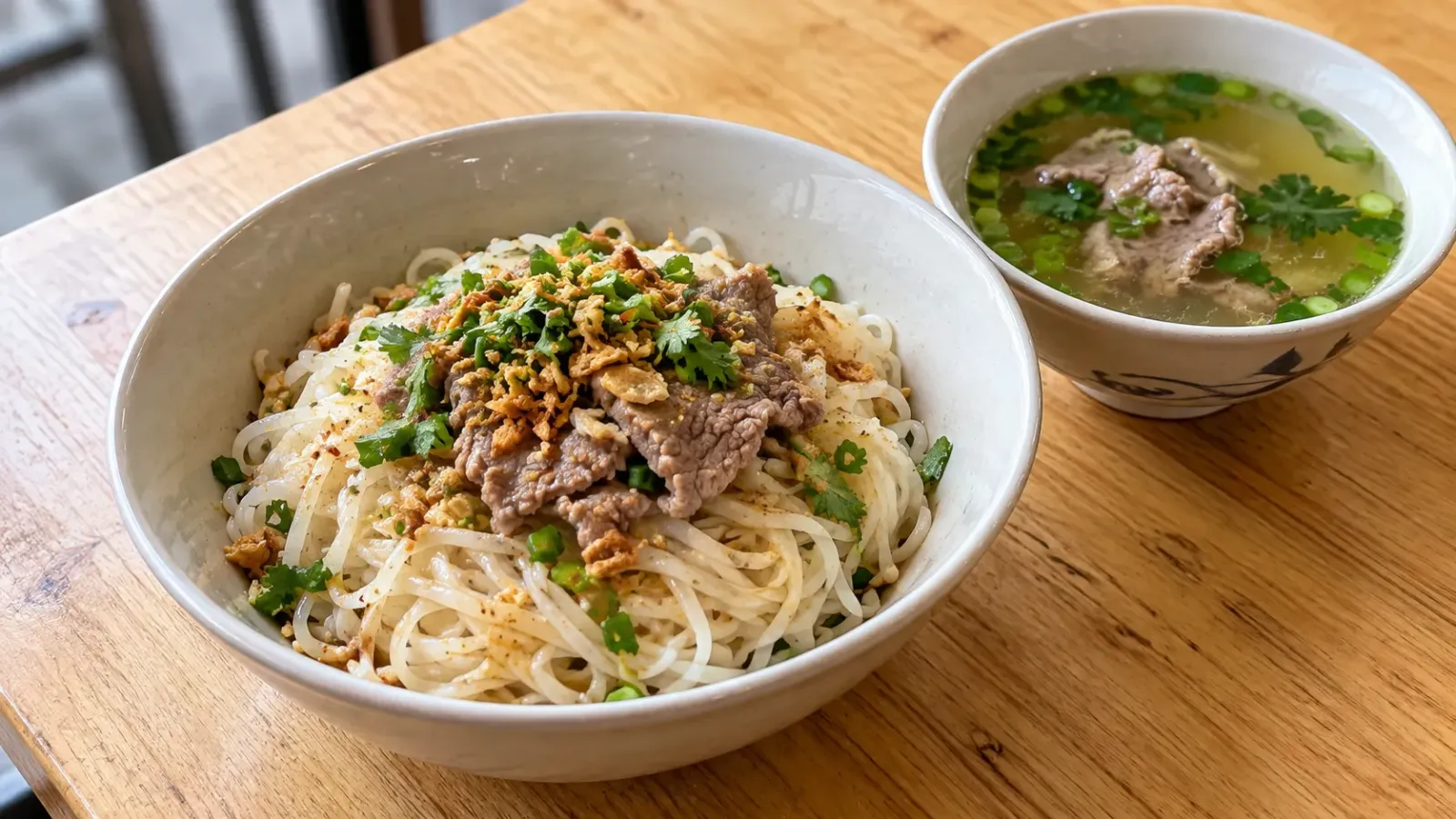 Hai tô phở khô Gia Lai gồm tô bánh phở trộn và tô nước dùng nóng đặt cạnh nhau
