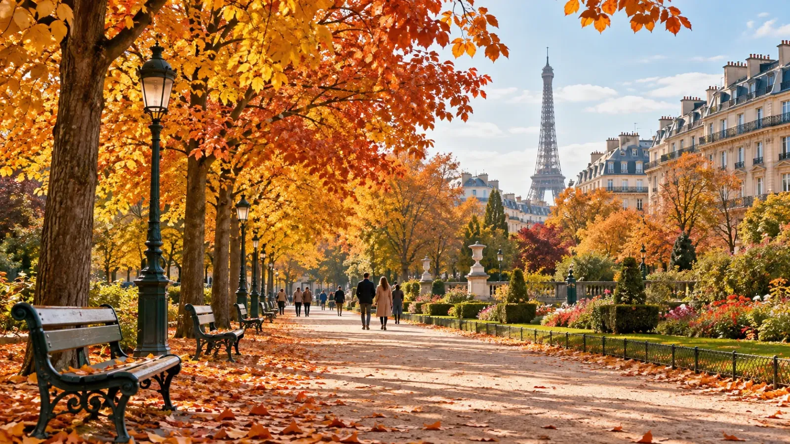 Hàng cây chuyển màu vàng đỏ trong công viên Paris vào mùa thu