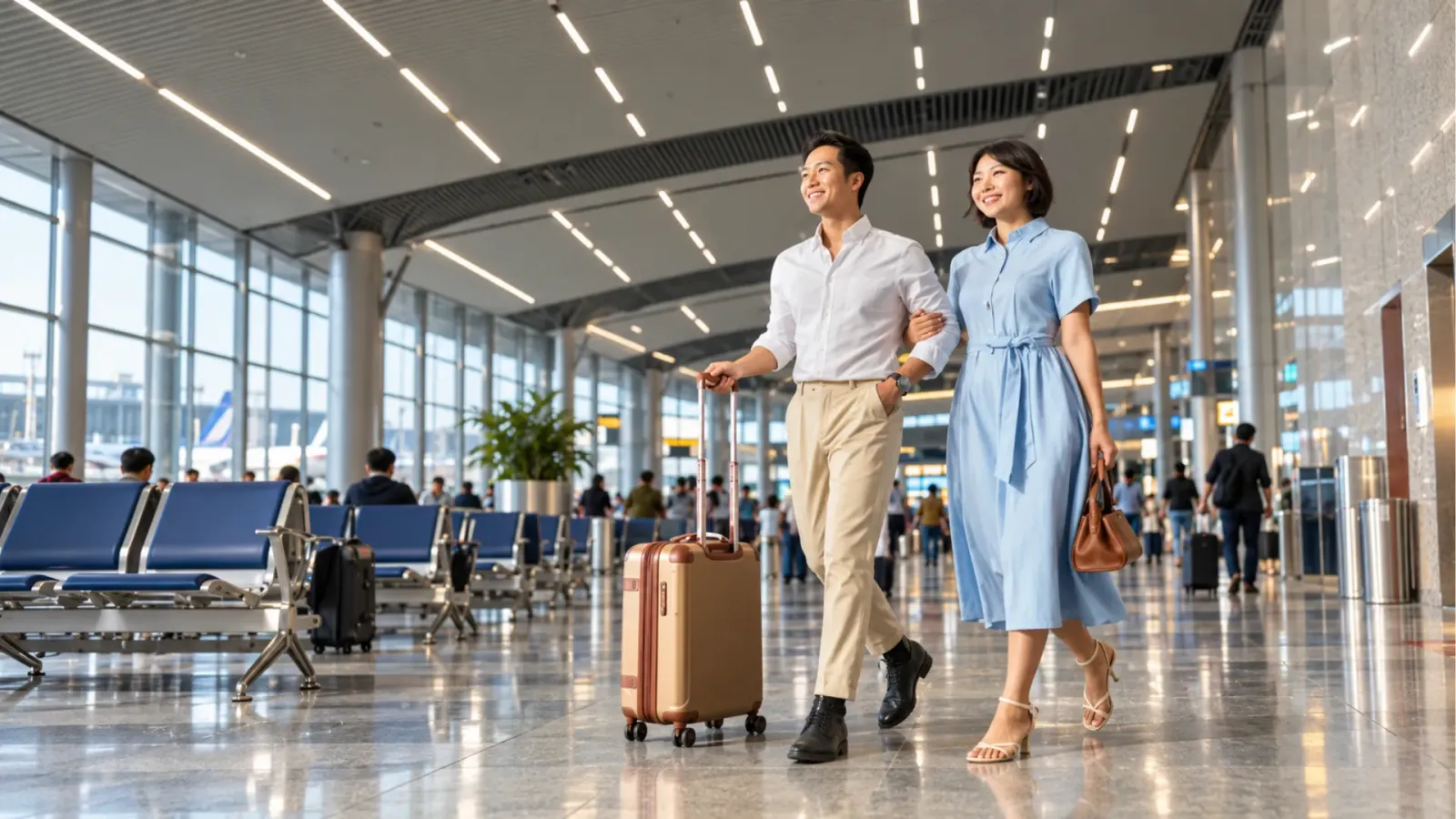Hành khách mang hành lý tại khu vực đến của sân bay, minh họa hành trình kiều bào trở về Việt Nam thăm quê hương