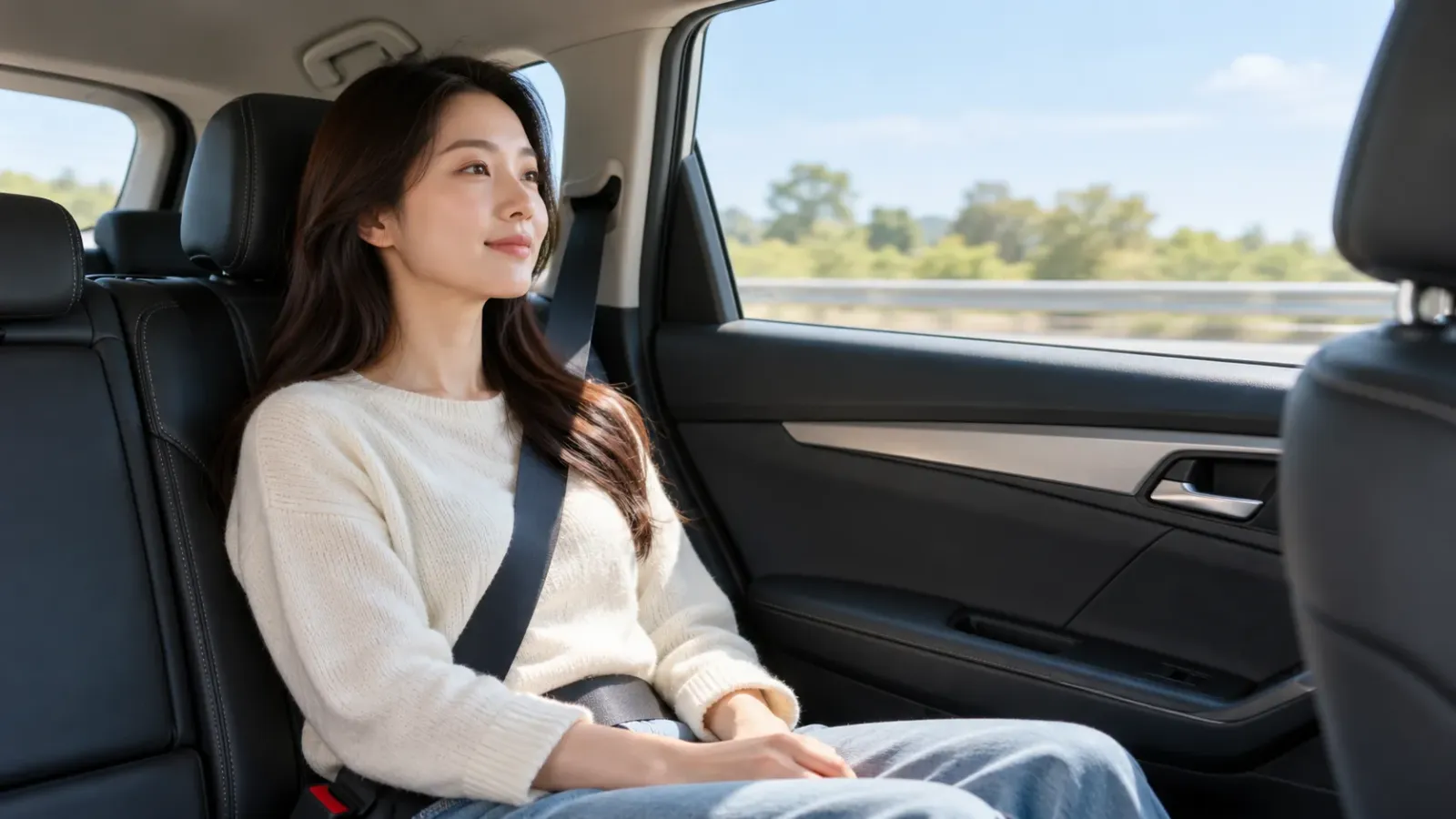 Hành khách ngồi trên ghế ô tô, thắt dây an toàn và hướng mắt nhìn về phía trước qua kính xe.
