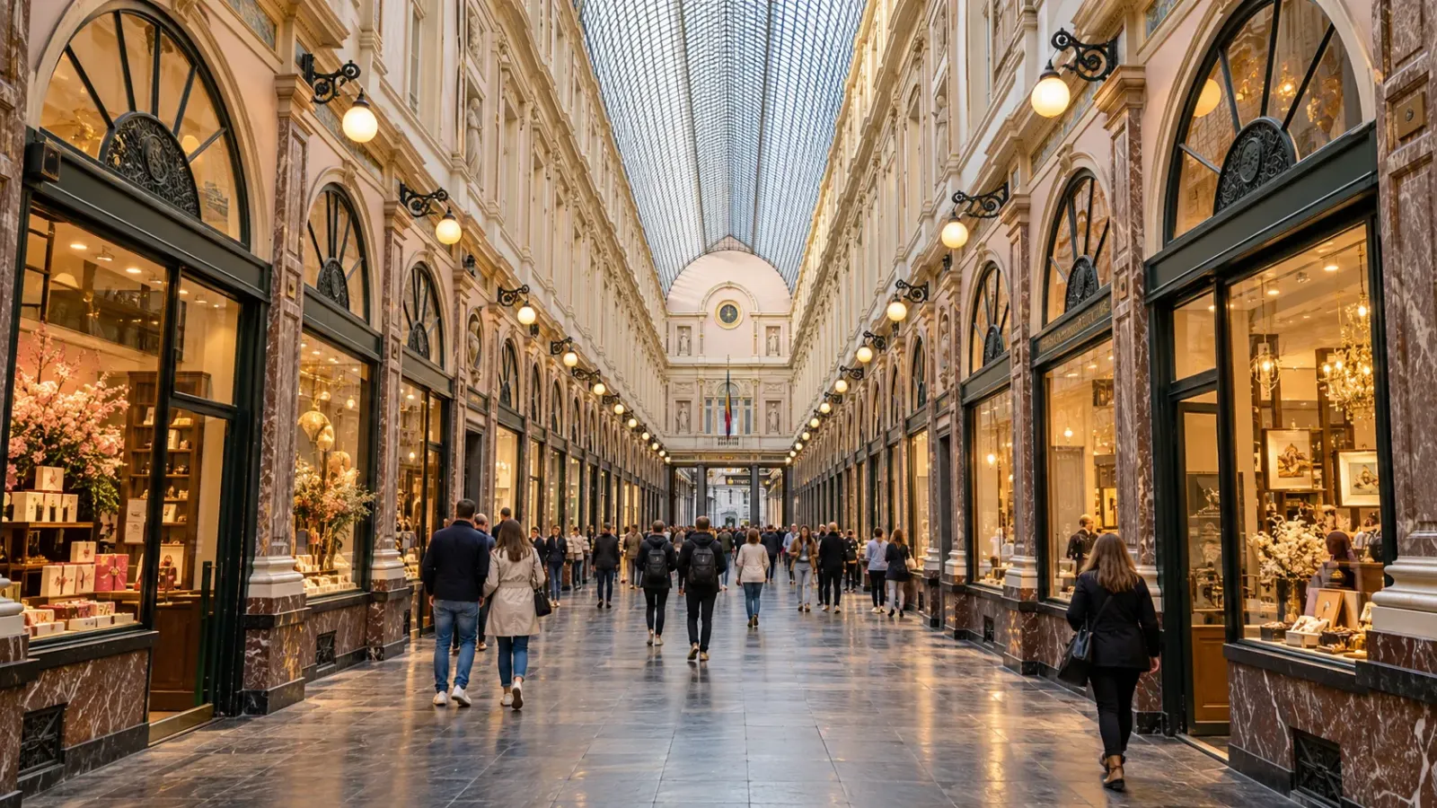 Hành lang mái kính và các cửa hàng trong Galeries Royales Saint-Hubert tại Brussels