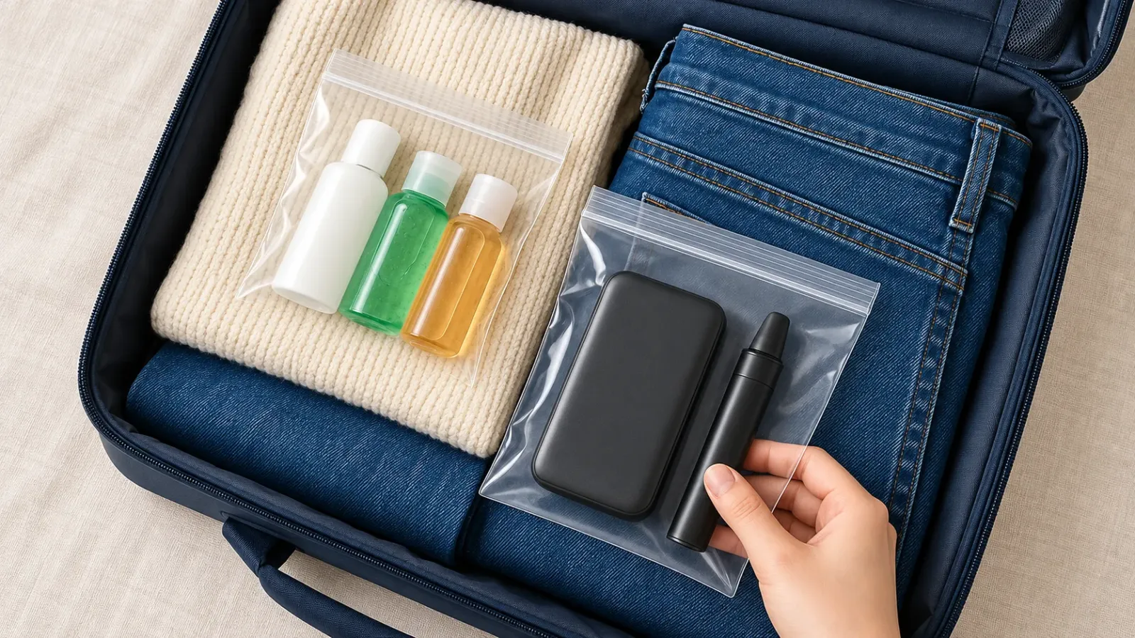 Hành lý xách tay mở nắp với pin sạc dự phòng, bộ sạc điện thoại và túi đựng mỹ phẩm dung tích nhỏ