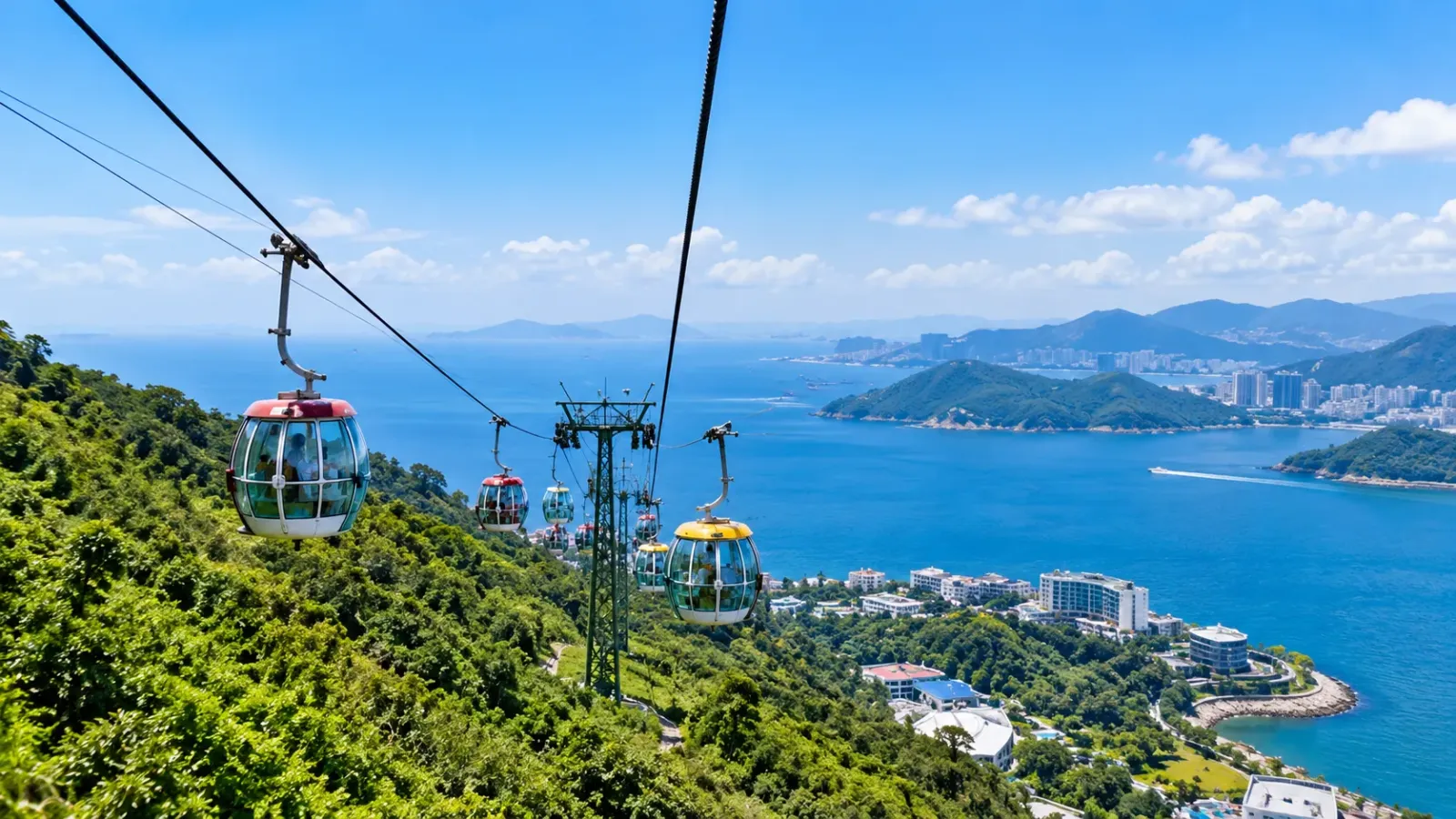 Hệ thống cáp treo Ocean Park di chuyển trên sườn núi nhìn ra biển Hồng Kông