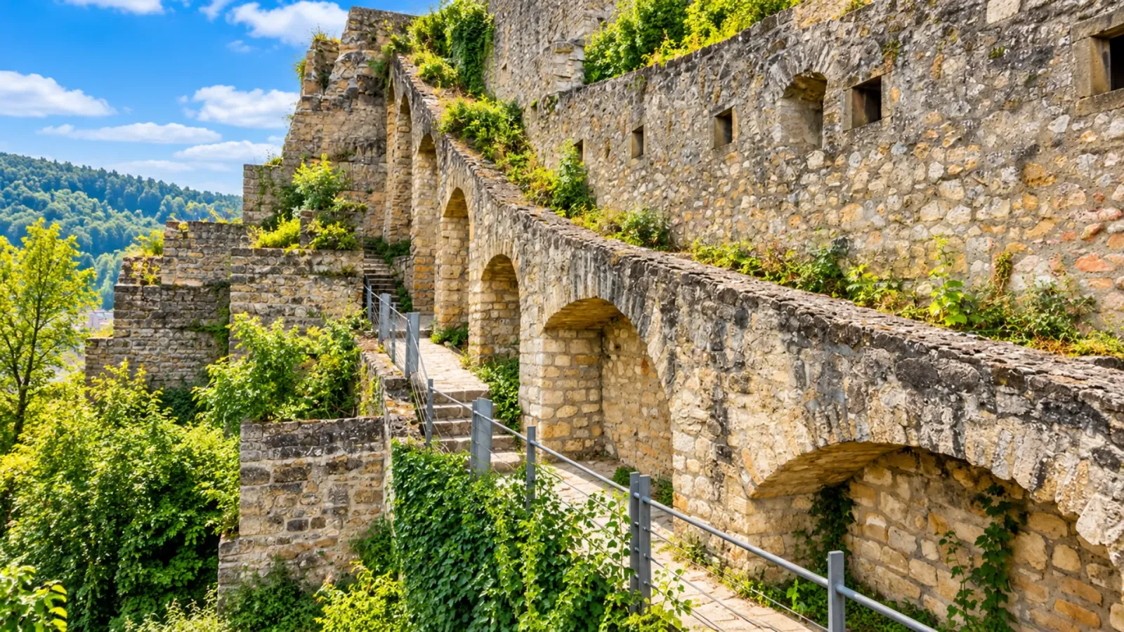 Hệ thống tường đá và lối đi bên trong Bock Casemates tại Luxembourg City