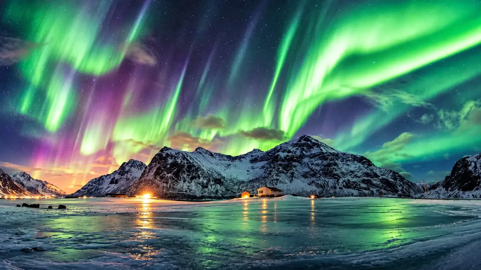 Hiện tượng cực quang trên bầu trời Iceland trong khung cảnh ban đêm