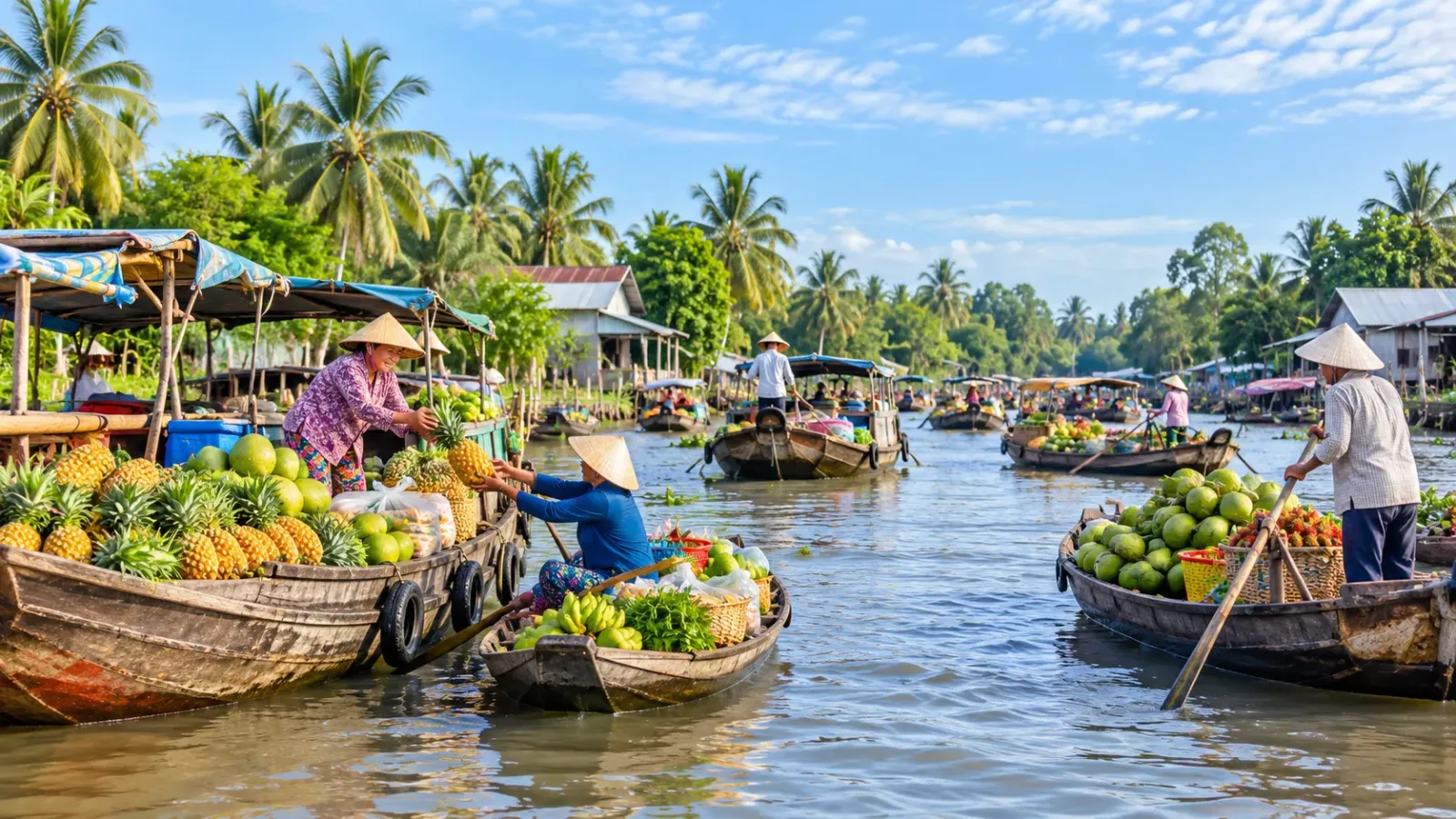 Hình ảnh minh họa ghe thuyền và không gian văn hóa chợ nổi Trà Ôn tại Vĩnh Long