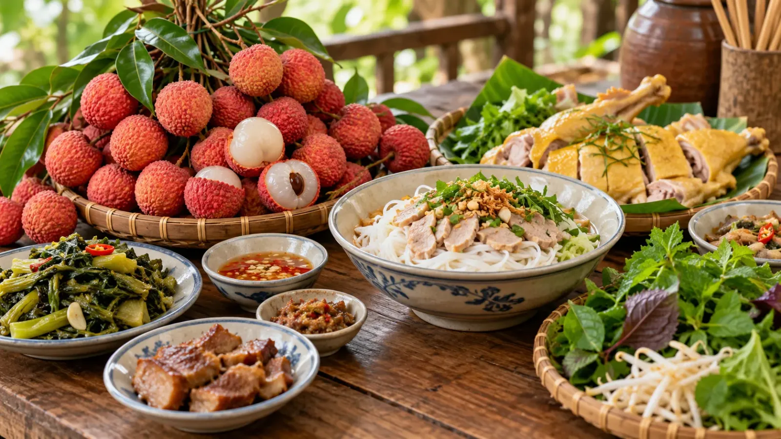 Hình minh họa các đặc sản Bắc Giang với vải thiều Lục Ngạn, mì Chũ và những món ăn truyền thống địa phương.