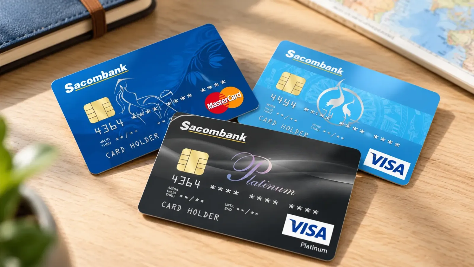 Hình minh họa các thẻ ngân hàng Sacombank mang biểu tượng Visa và Mastercard dùng cho thanh toán quốc tế