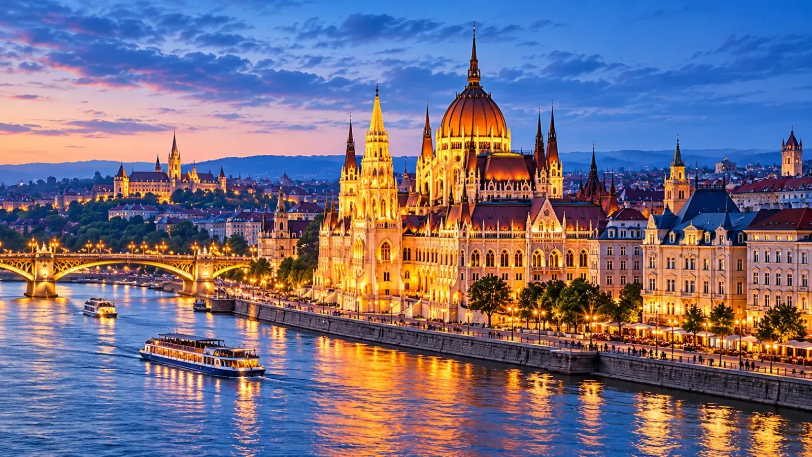 Hình minh họa Tòa nhà Quốc hội Hungary bên sông Danube tại Budapest lúc hoàng hôn.