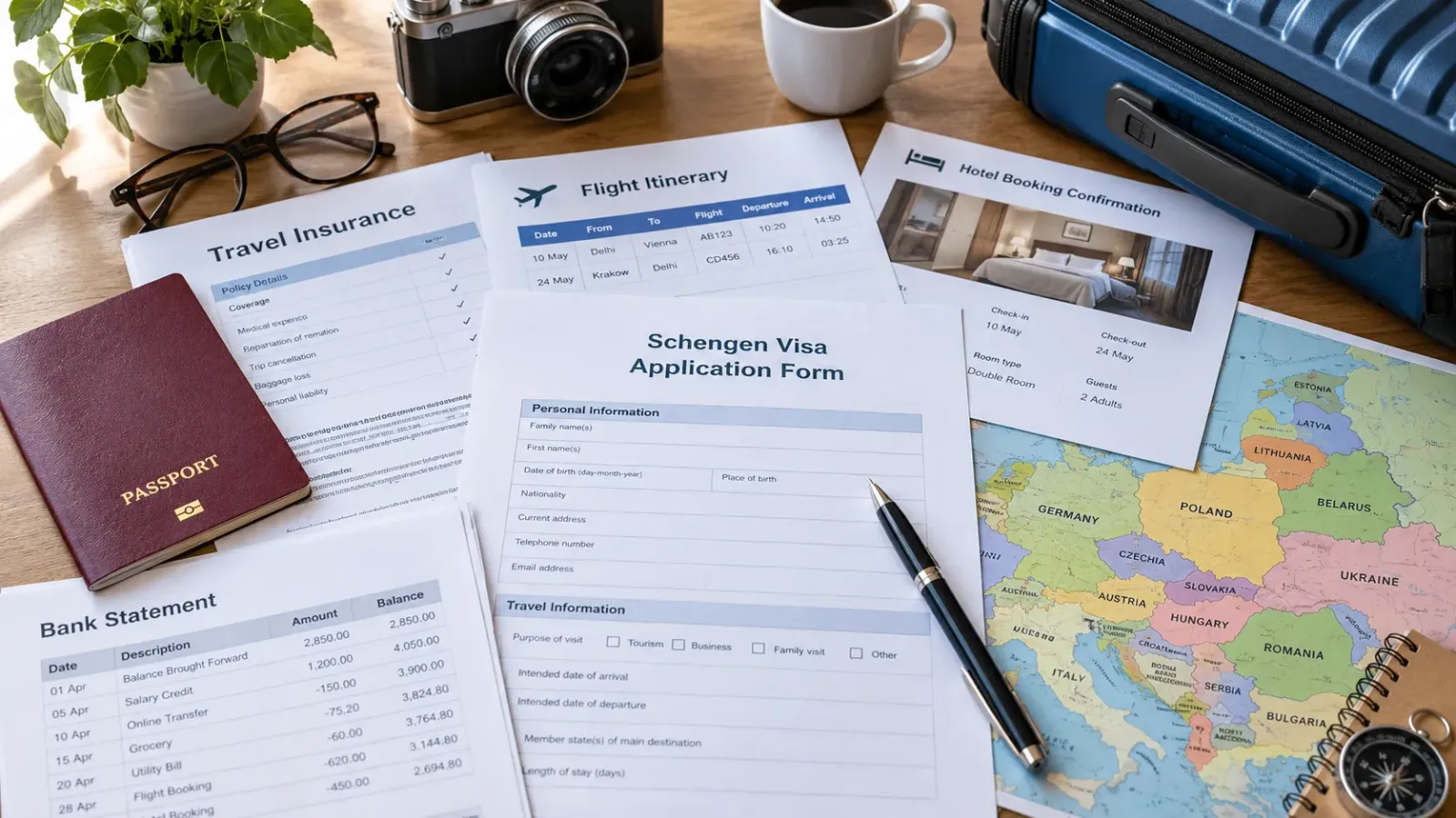 Hình minh họa giấy tờ chuẩn bị cho hồ sơ xin visa Schengen du lịch Đông Âu