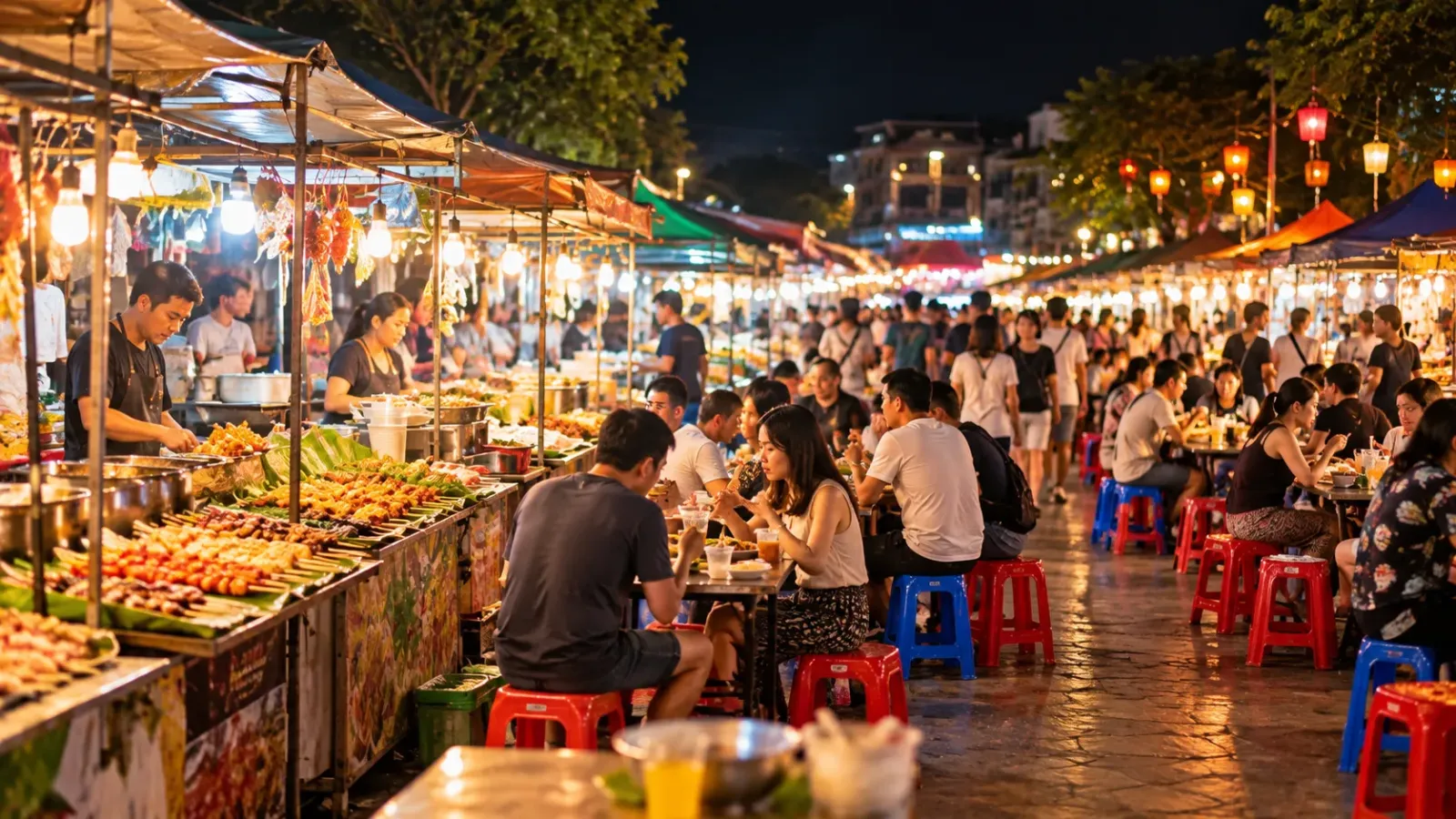 Hình minh họa khu ăn uống ban đêm với nhiều quầy hàng, bàn ăn và người dùng bữa.