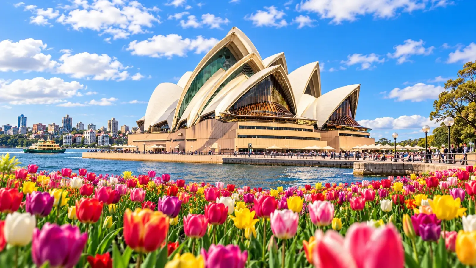 Hình minh họa Nhà hát Opera Sydney kết hợp sắc hoa mùa xuân tại Úc