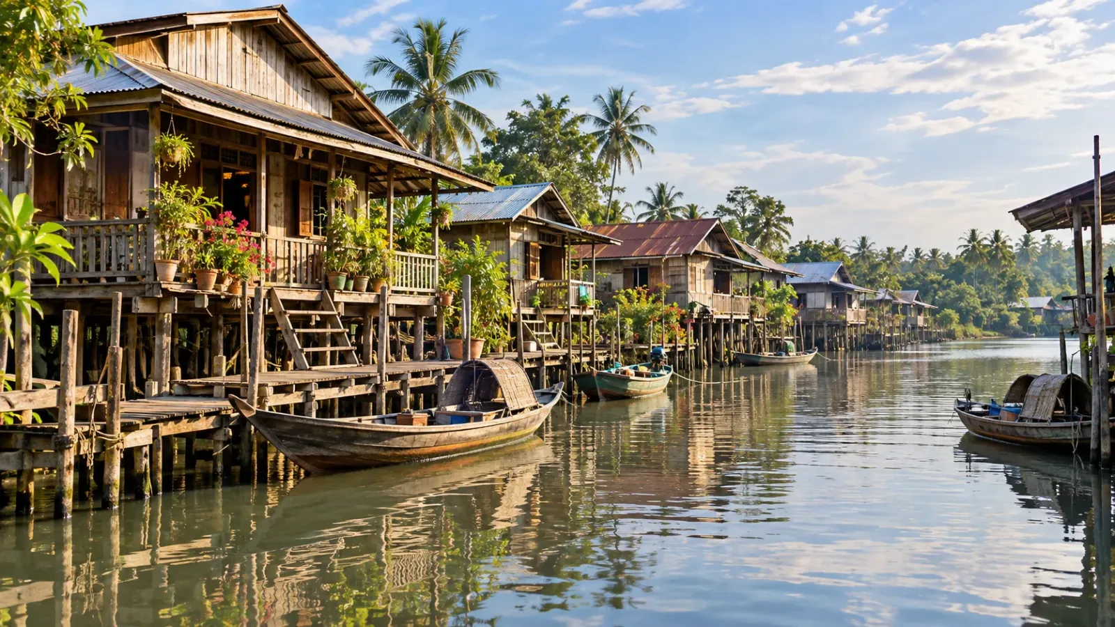 Hình minh họa những ngôi nhà sàn ven mặt nước và các thuyền nhỏ trên tuyến sông nước.