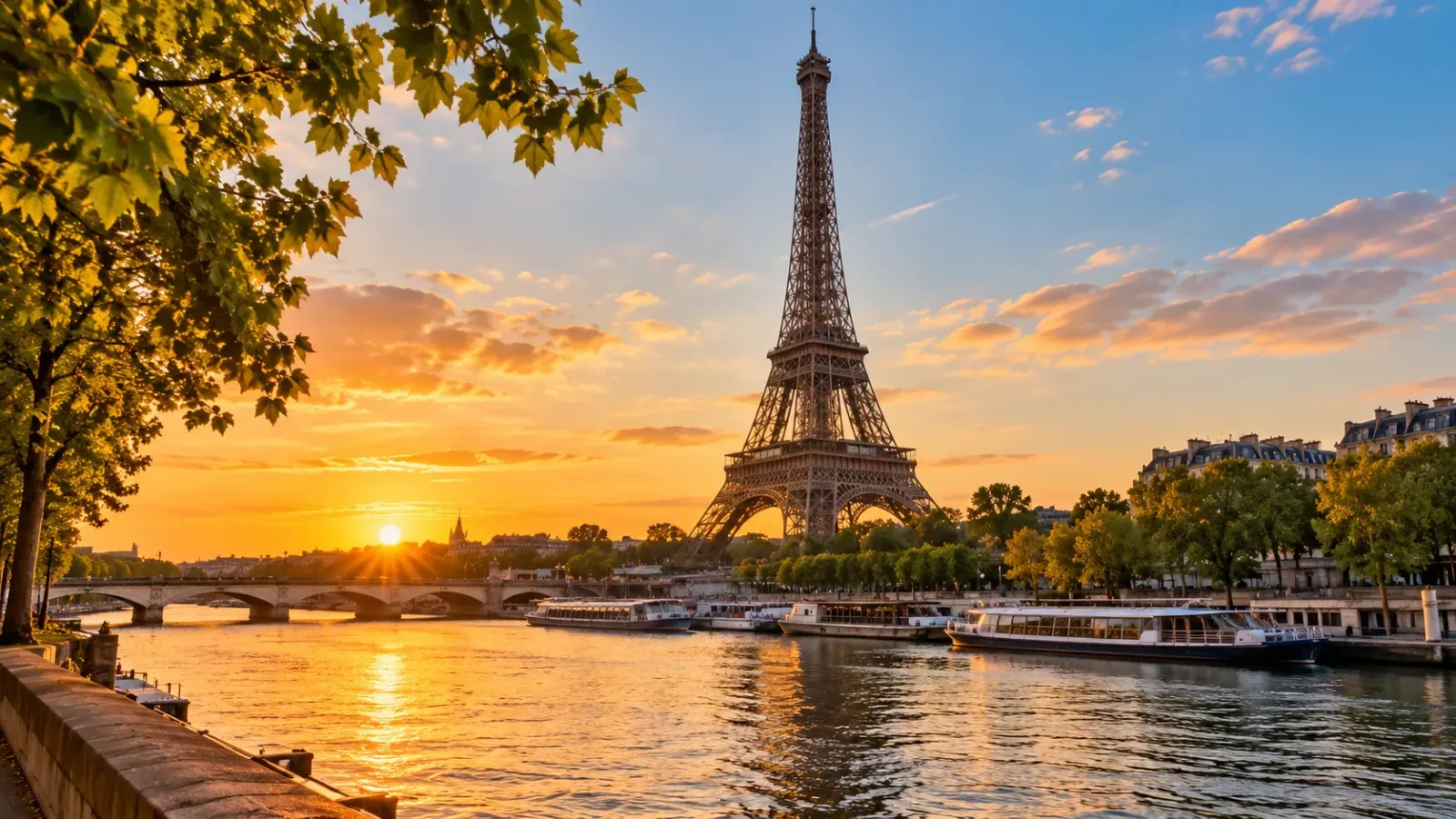 Hình minh họa tháp Eiffel bên sông Seine tại Paris, Pháp, trong ánh chiều