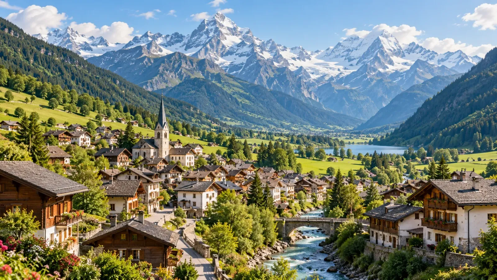 Hình minh họa thị trấn trong thung lũng núi Alps với những mái nhà và dãy núi phía xa