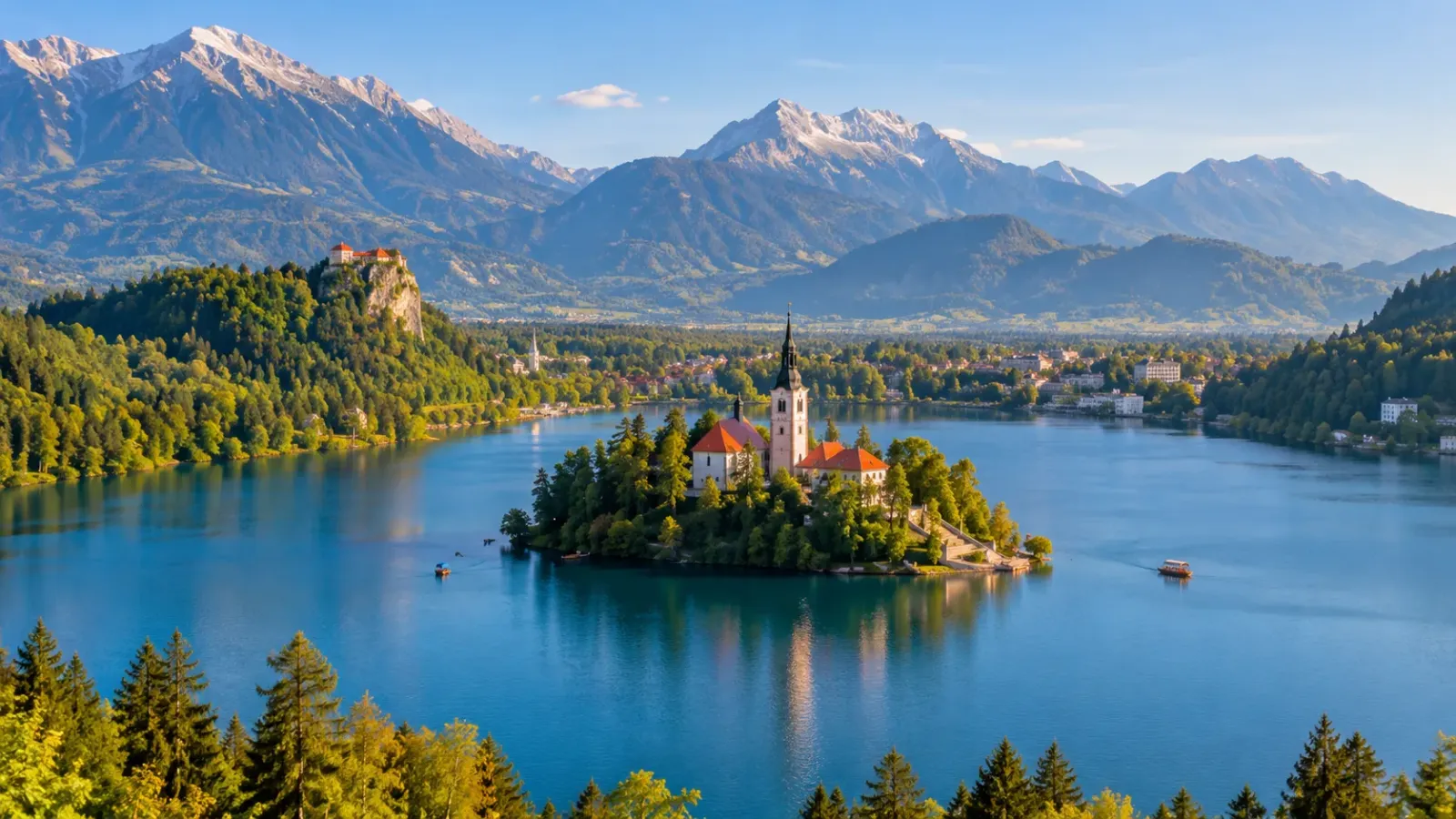 Hồ Bled tại Slovenia với hòn đảo nhỏ có nhà thờ giữa hồ, bao quanh bởi núi và rừng cây xanh.