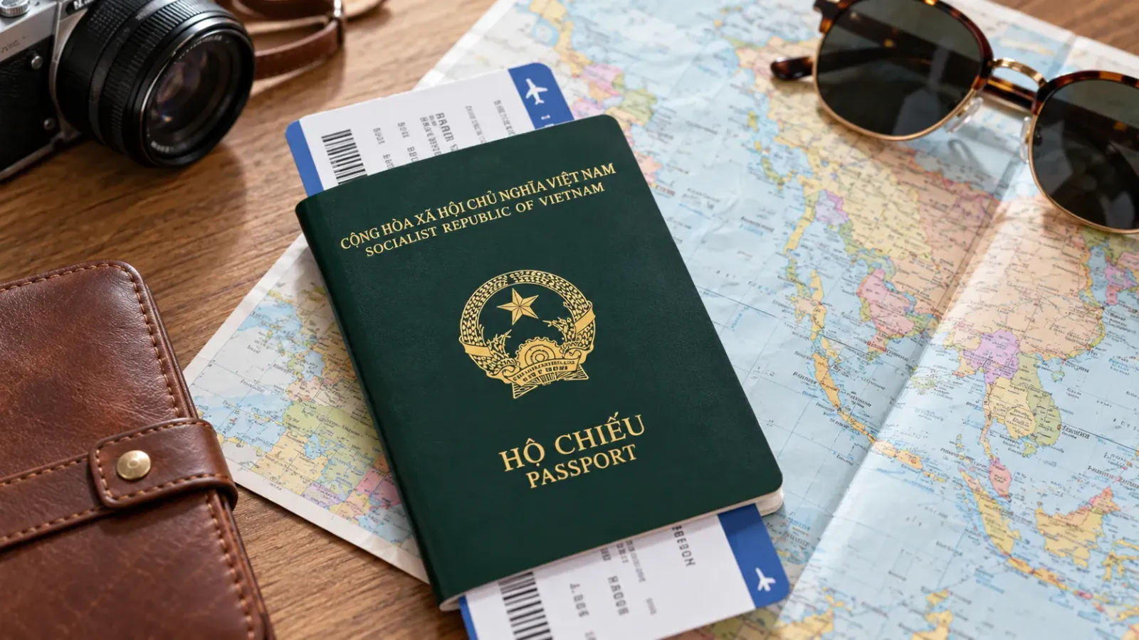Hộ chiếu quốc tế và thẻ lên máy bay đặt trên bản đồ du lịch