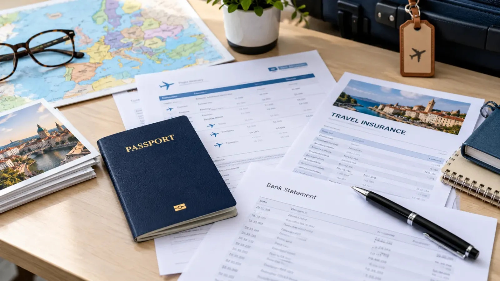 Hộ chiếu và giấy tờ chuẩn bị hồ sơ xin visa du lịch Đông Âu đặt trên bàn