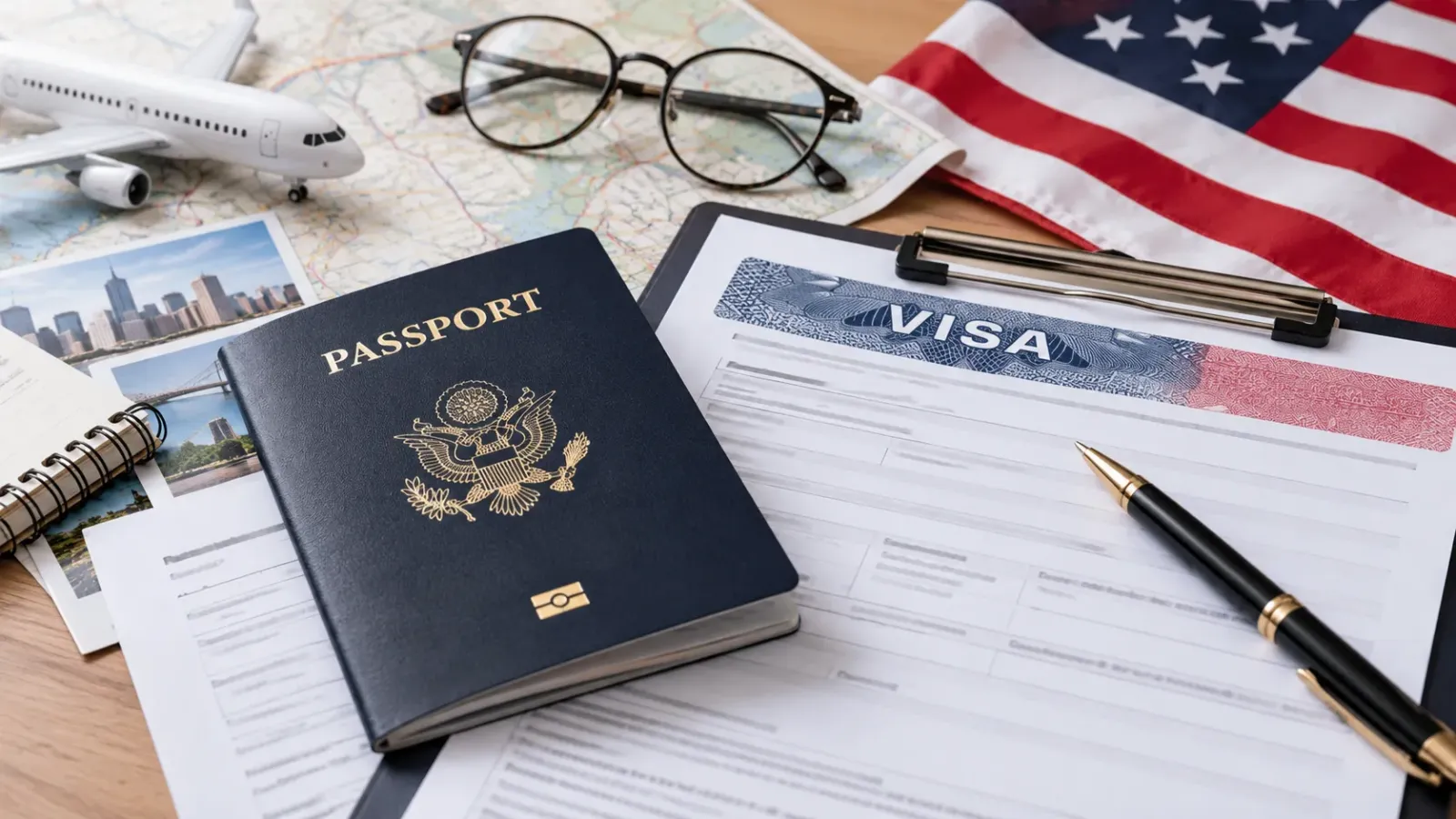 Hộ chiếu và giấy tờ minh họa quá trình chuẩn bị visa du lịch Mỹ