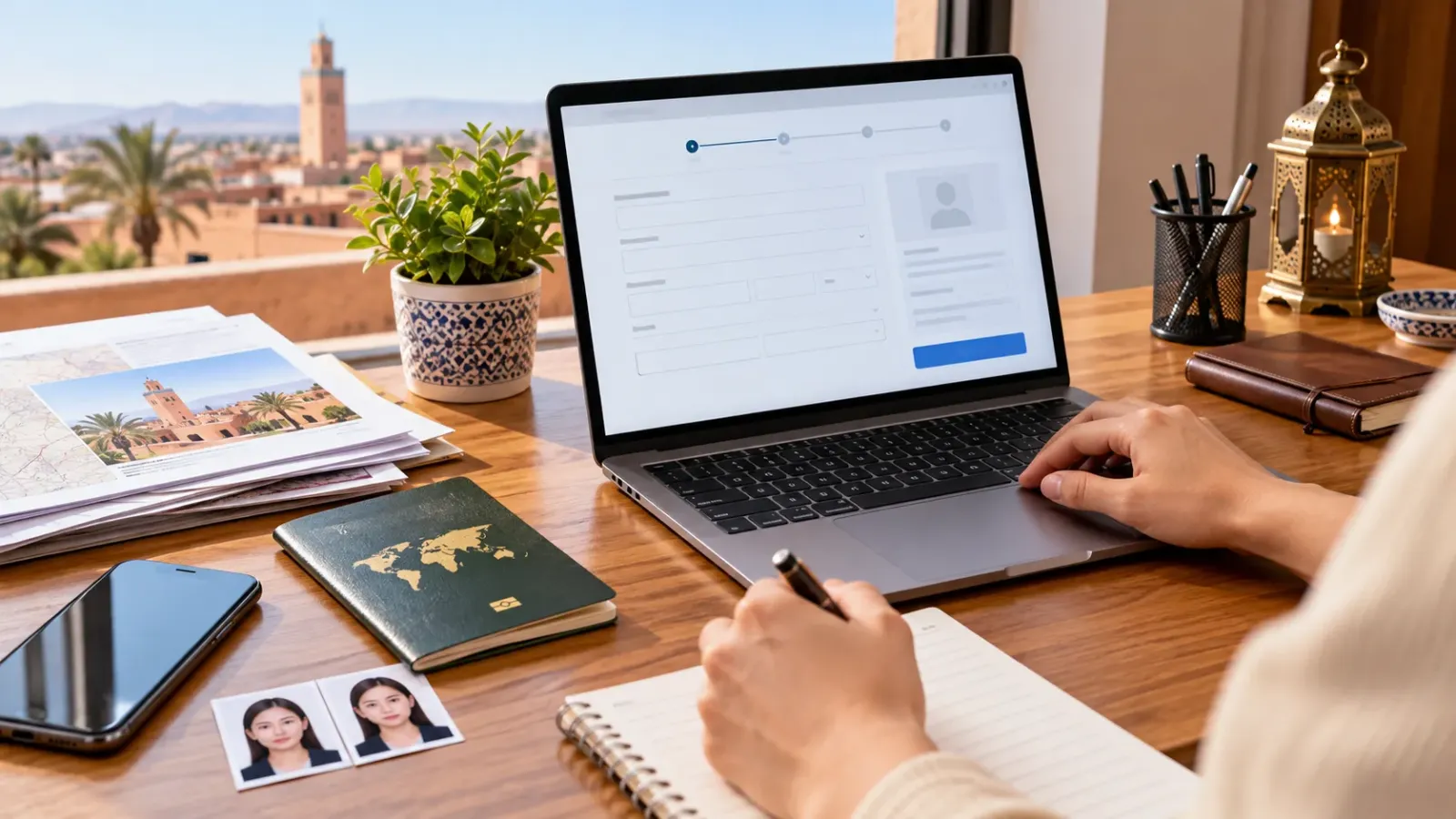Hộ chiếu và máy tính đặt trên bàn làm việc minh họa việc chuẩn bị hồ sơ xin e-Visa Maroc trực tuyến