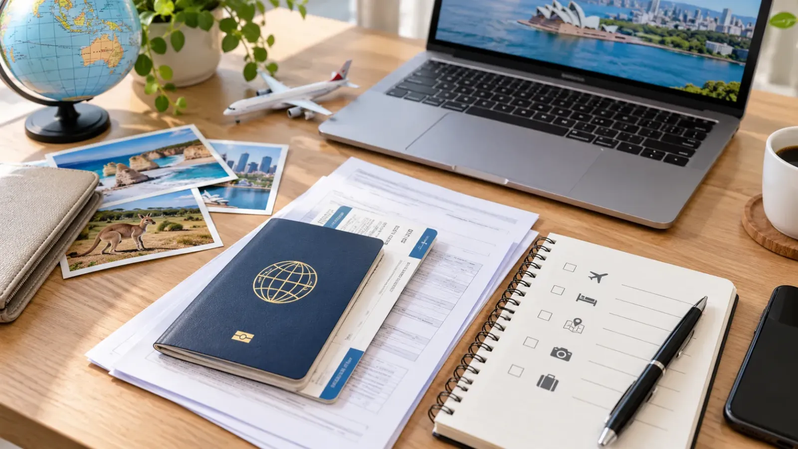Hộ chiếu và tài liệu chuẩn bị cho hồ sơ xin visa du lịch Úc trên bàn làm việc