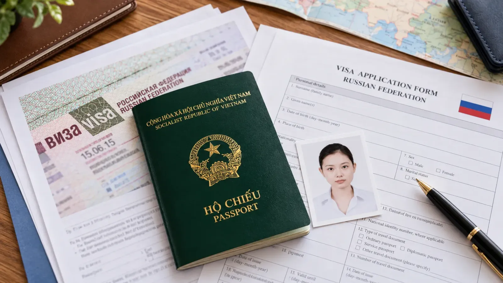 Hộ chiếu Việt Nam, ảnh thẻ và tờ khai xin visa Nga được sắp xếp trên bàn