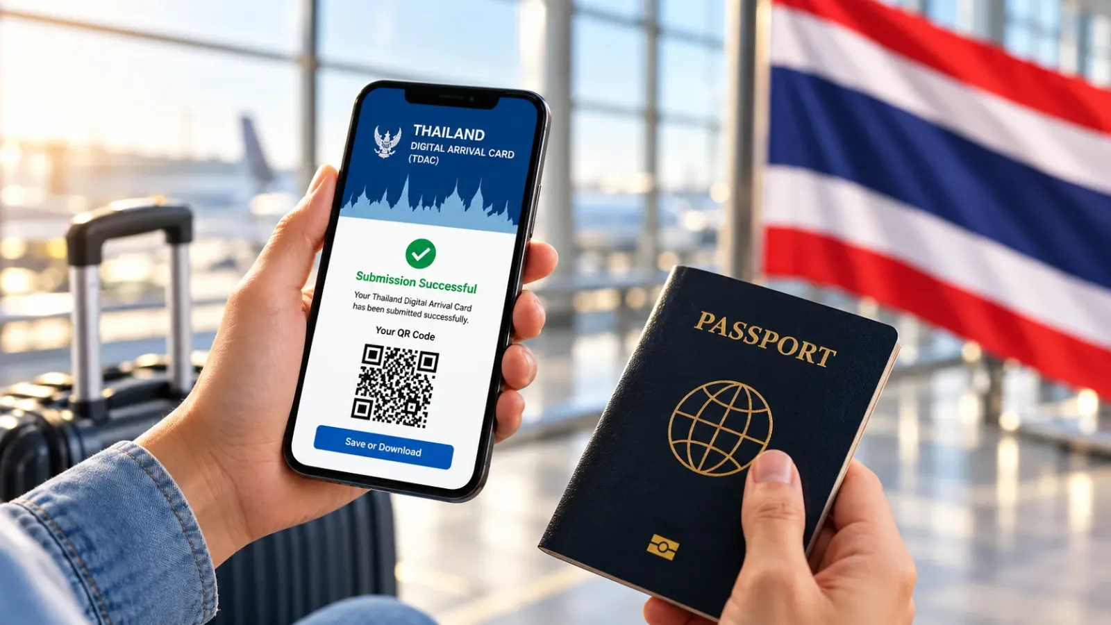 Hộ chiếu Việt Nam đặt cạnh điện thoại hiển thị trang khai báo nhập cảnh TDAC của Thái Lan