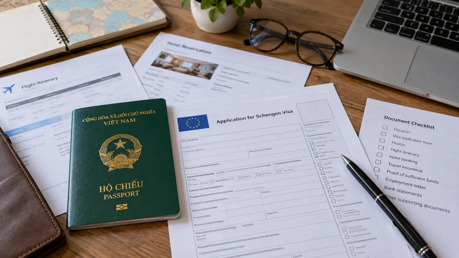 Hộ chiếu Việt Nam, giấy tờ xin visa và lịch trình chuyến đi được sắp xếp trên bàn làm việc