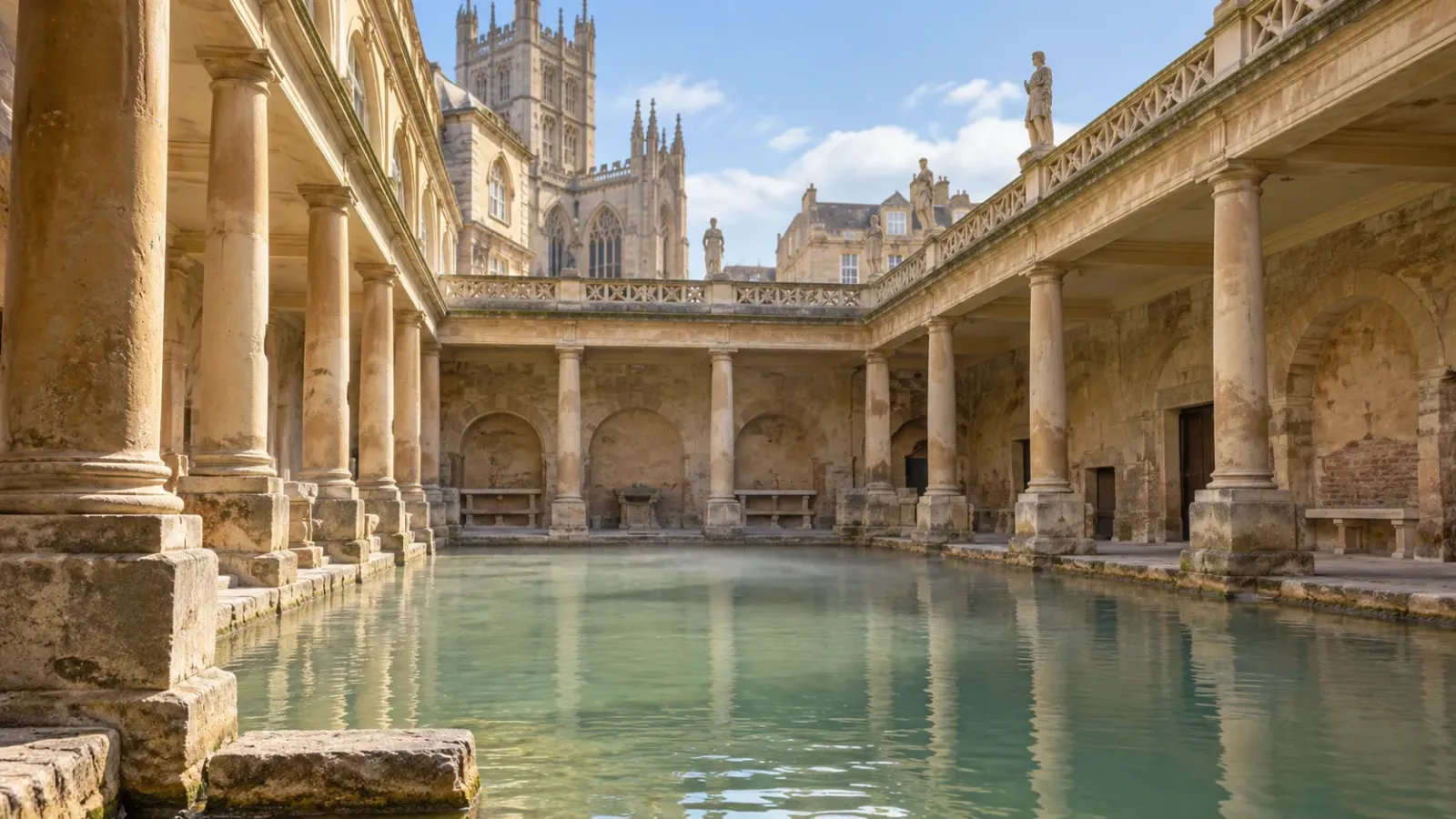 Hồ Great Bath và kiến trúc hành lang đá tại di tích Roman Baths thành phố Bath