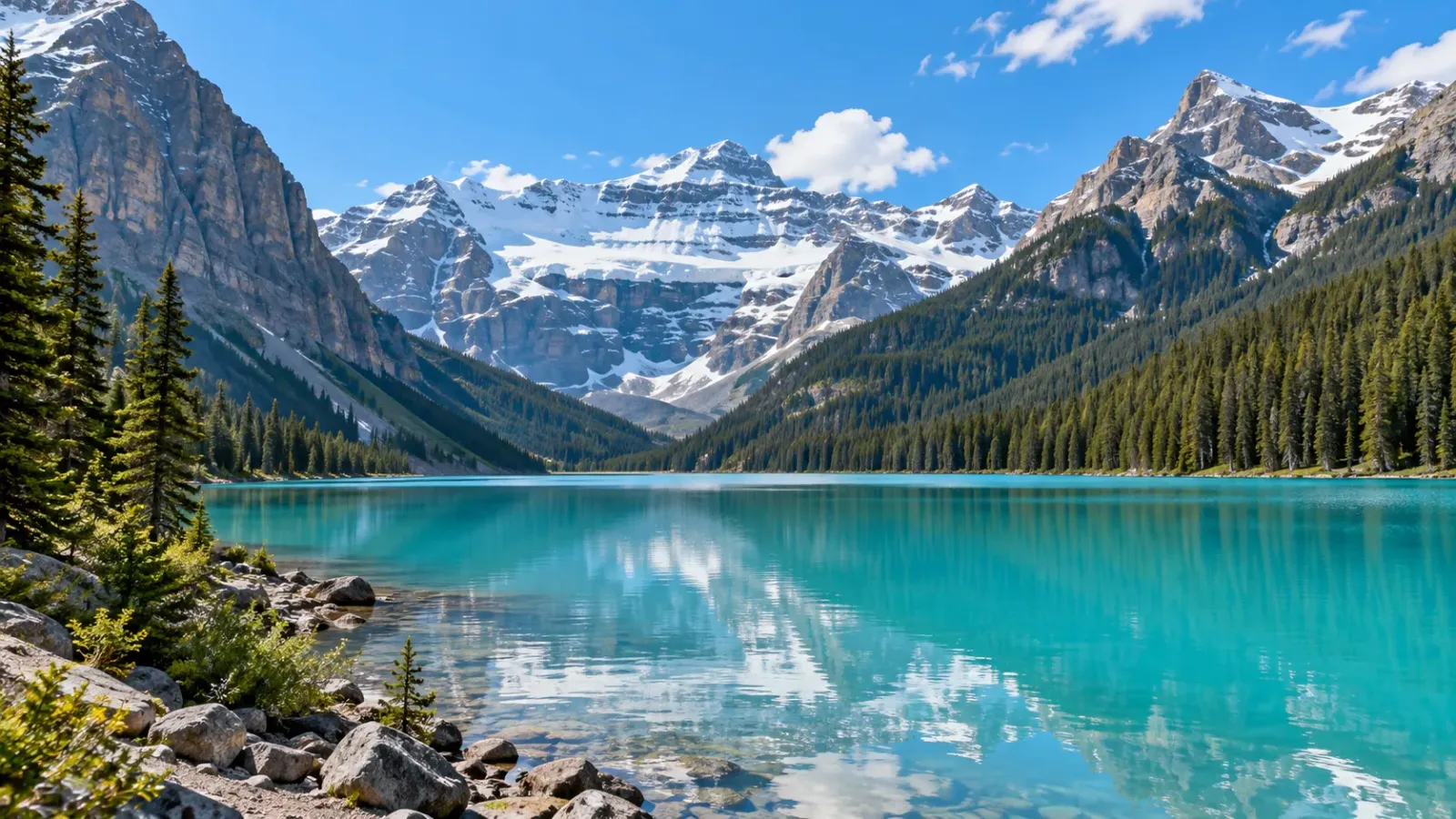 Hồ Louise với cảnh núi thuộc vườn quốc gia Banff ở Alberta Canada