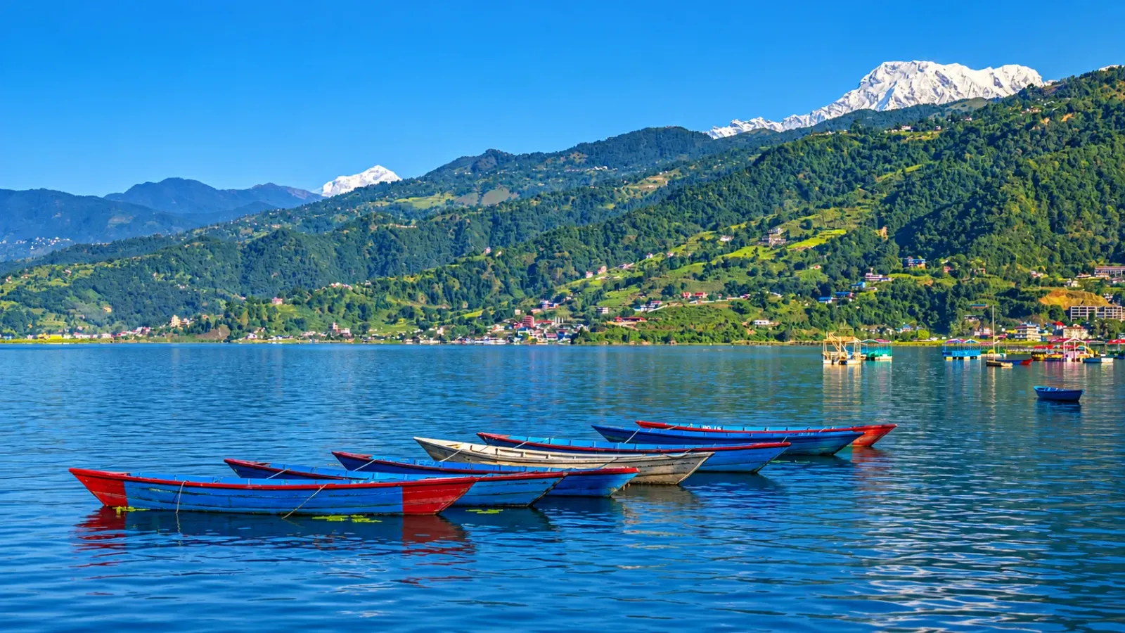Hồ Phewa tại Pokhara Nepal với thuyền trên mặt nước và dãy núi Annapurna phía xa