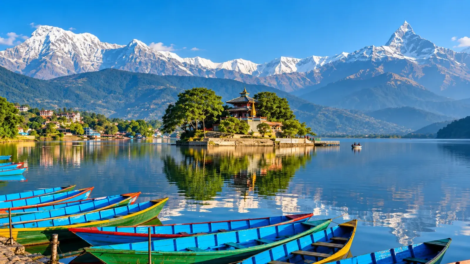 Hồ Phewa tại Pokhara với thuyền trên mặt nước và dãy Annapurna ở phía xa