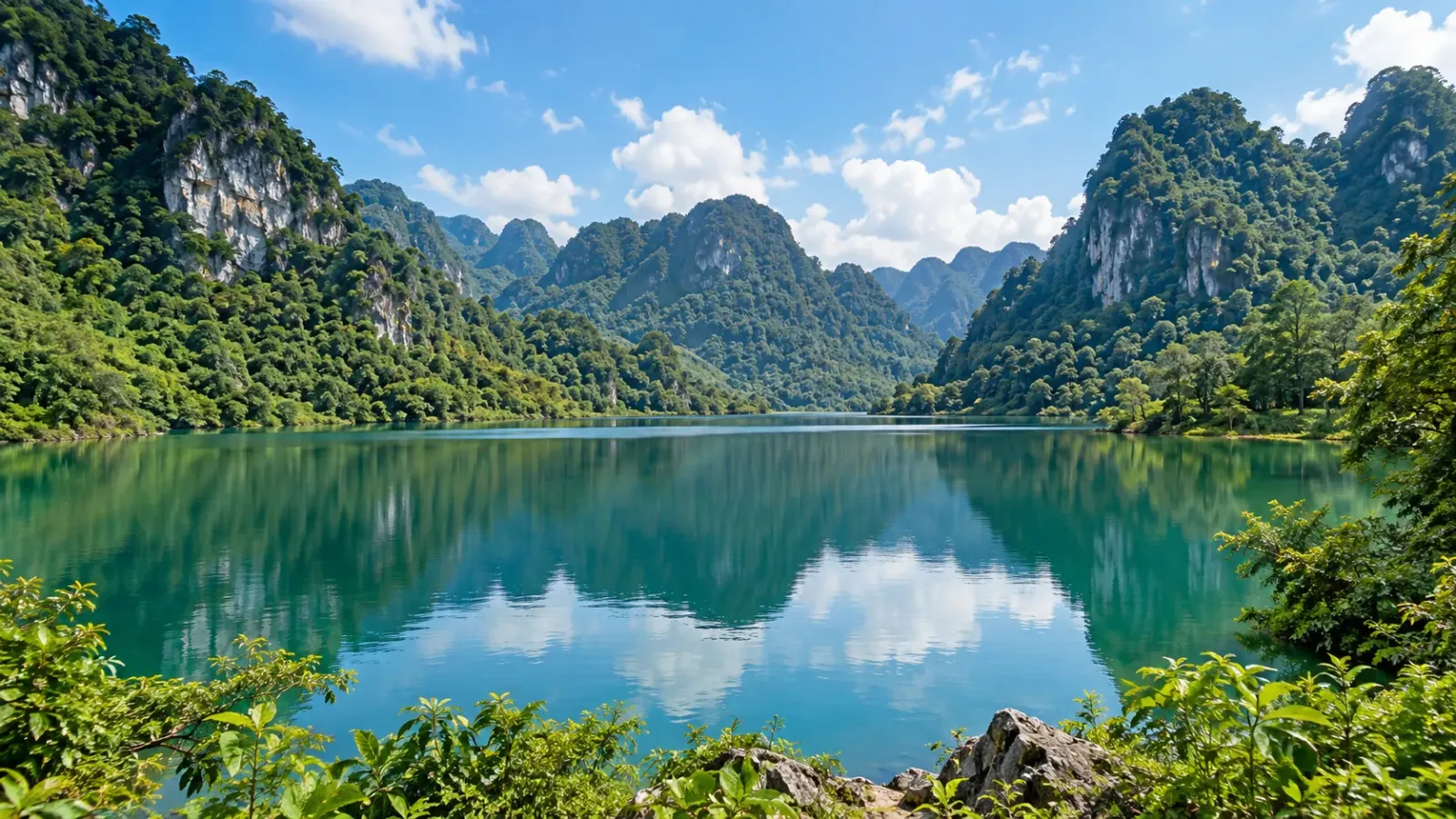 Hồ Thang Hen Cao Bằng với mặt nước giữa những dãy núi đá vôi và cây xanh bao quanh