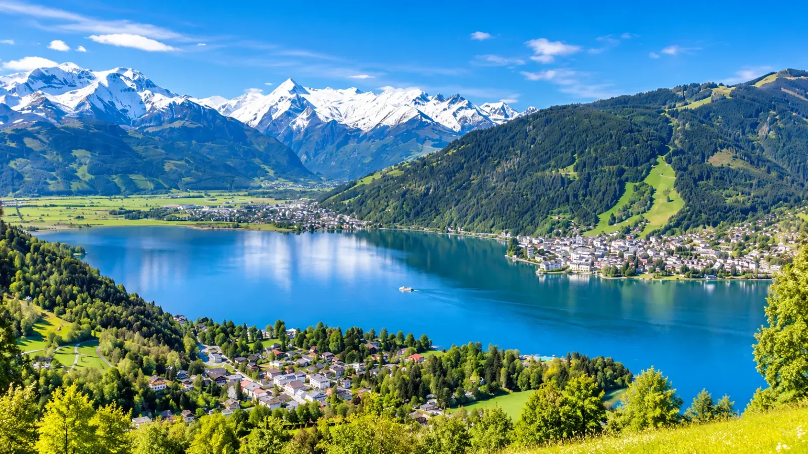 Hồ Zell trong xanh bên thị trấn Zell am See với những dãy núi Alps ở phía xa.