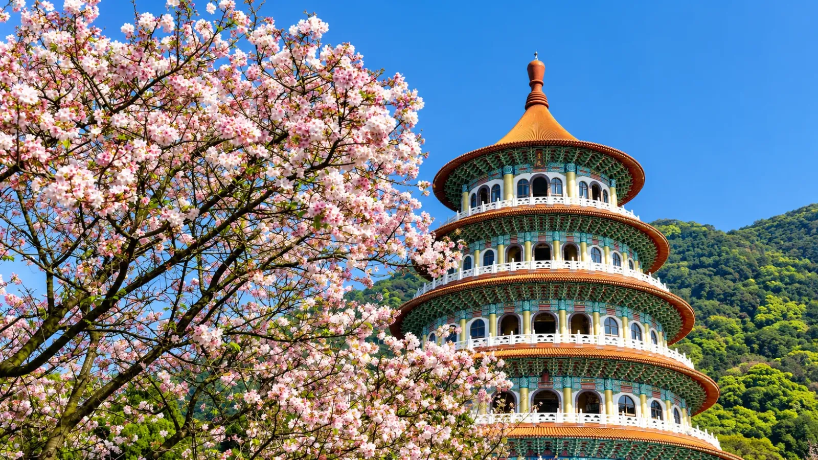 Hoa anh đào nở quanh công trình kiến trúc tại đền Tianyuan ở Tamsui Tân Bắc