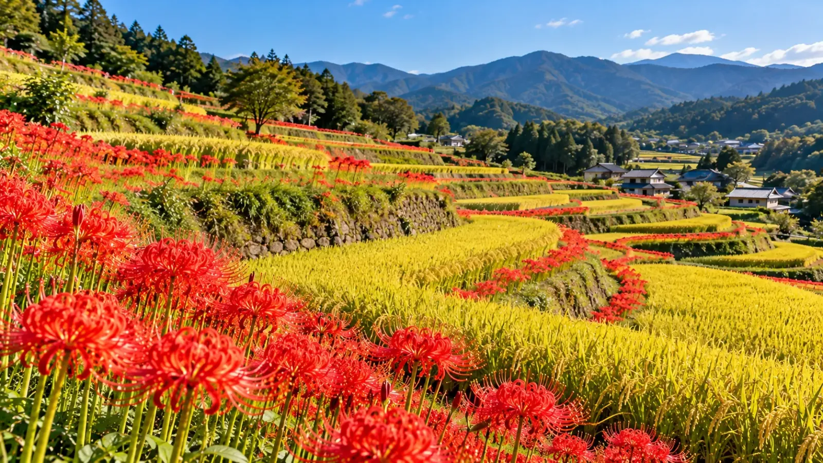 Hoa bỉ ngạn đỏ bên những thửa ruộng bậc thang Terasaka Tanada tại Yokose Saitama