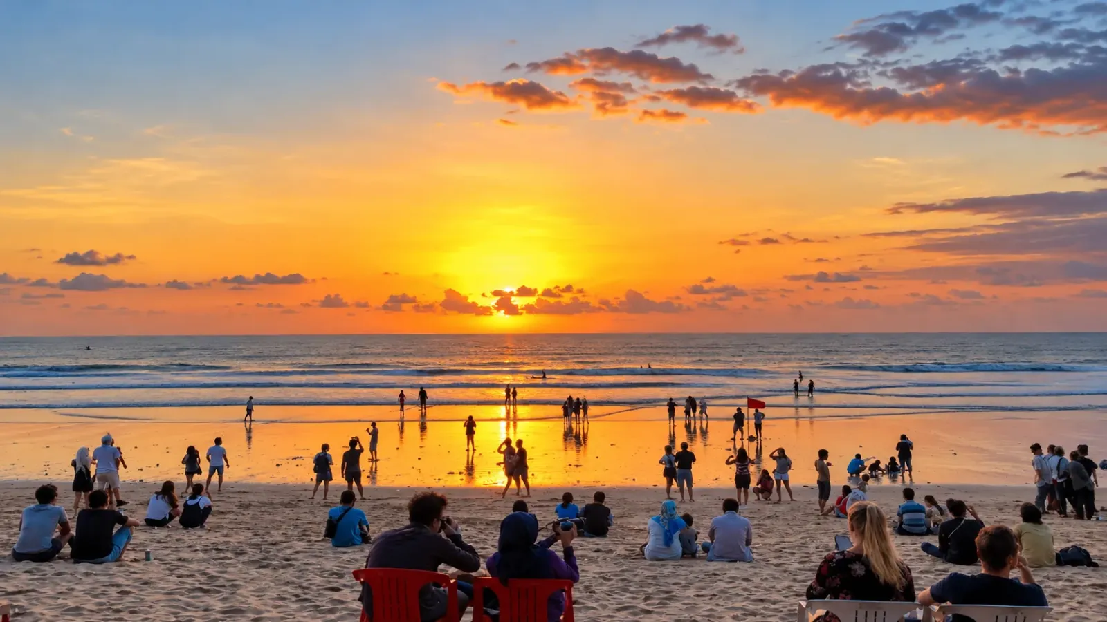 Hoàng hôn trên bãi biển Kuta ở Bali với du khách dạo trên bờ cát