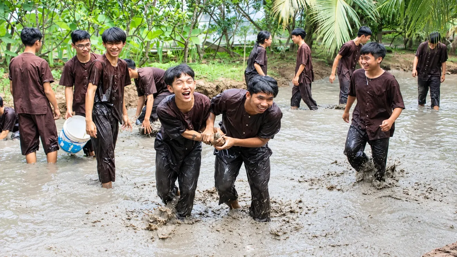 Hoạt động tát mương bắt cá trong chương trình trải nghiệm tại Phú An Khang