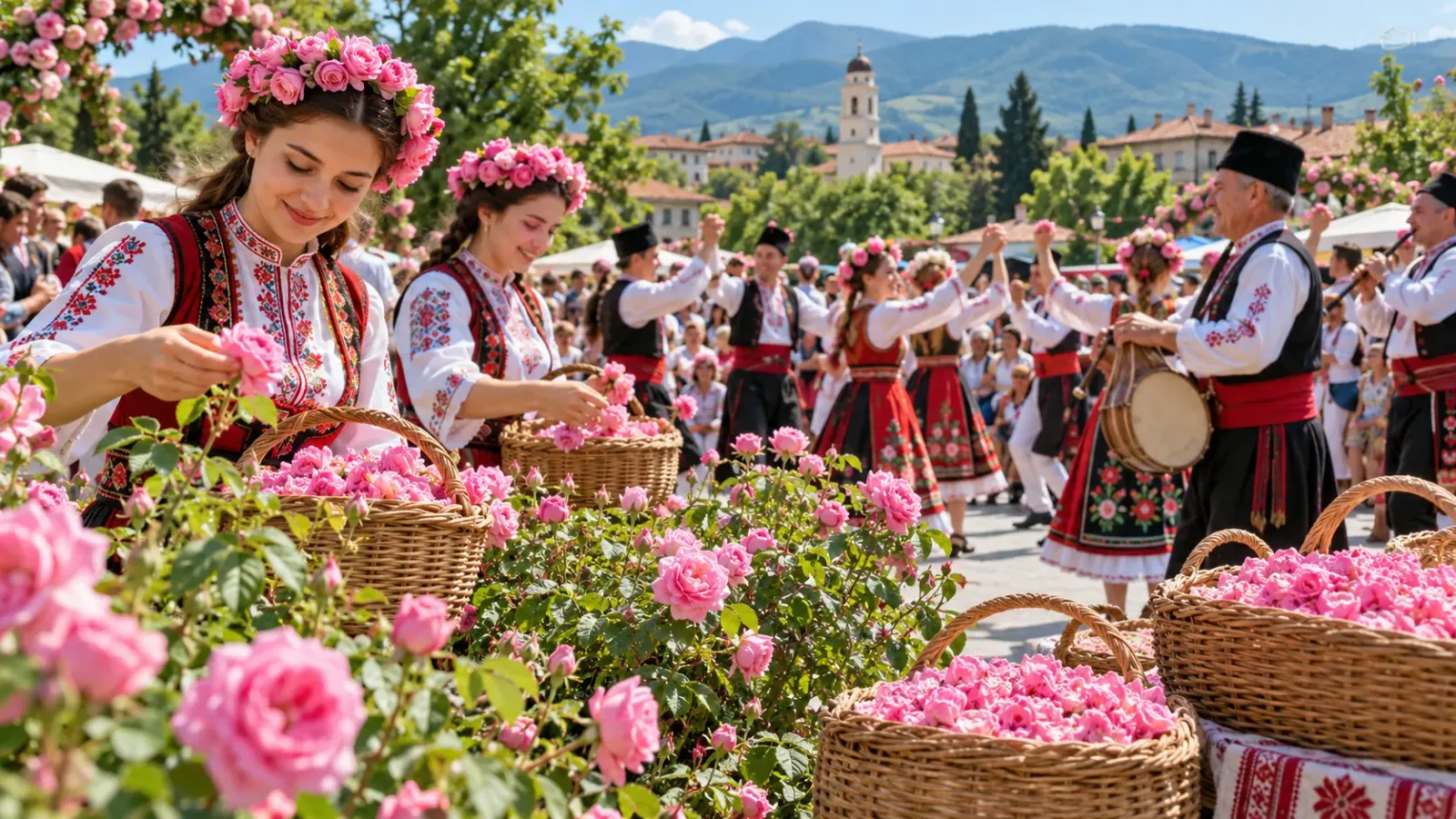 Hoạt động văn hóa và không gian hoa hồng trong lễ hội Rose Festival tại Kazanlak, Bulgaria.