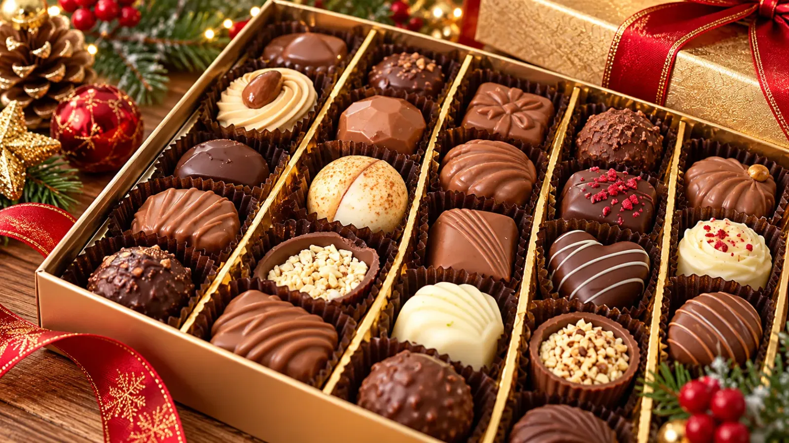 Hộp socola praline và các loại socola châu Âu được bày làm quà Giáng sinh