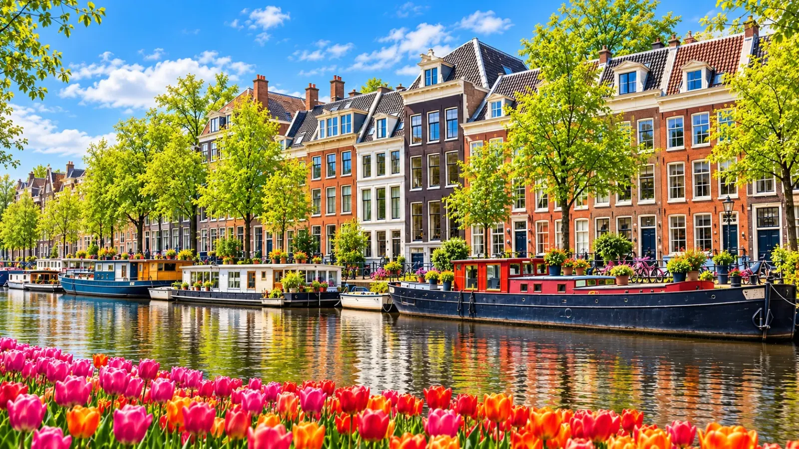 Kênh đào Amsterdam thơ mộng với những ngôi nhà cổ nằm dọc hai bên bờ tại Hà Lan