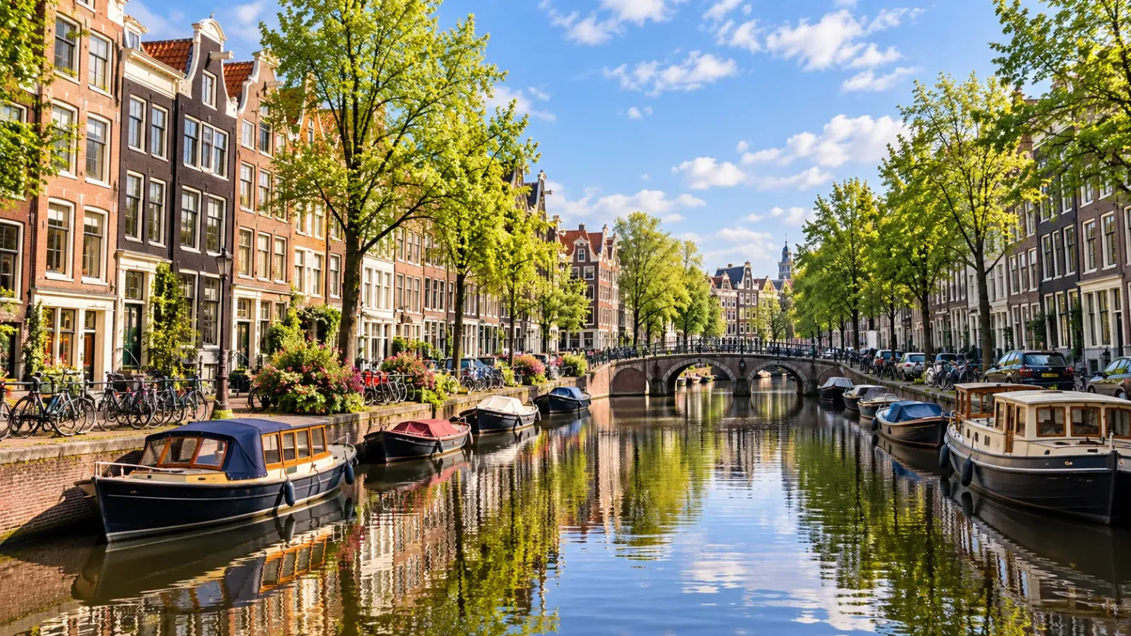 Kênh đào Amsterdam với những ngôi nhà ven kênh và cảnh quan thành phố vào ban ngày