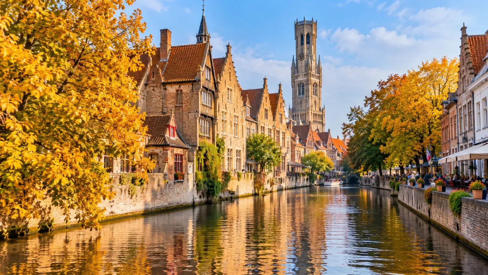 Kênh đào Bruges với những ngôi nhà gạch cổ và tháp Belfry phía xa tại Bỉ.