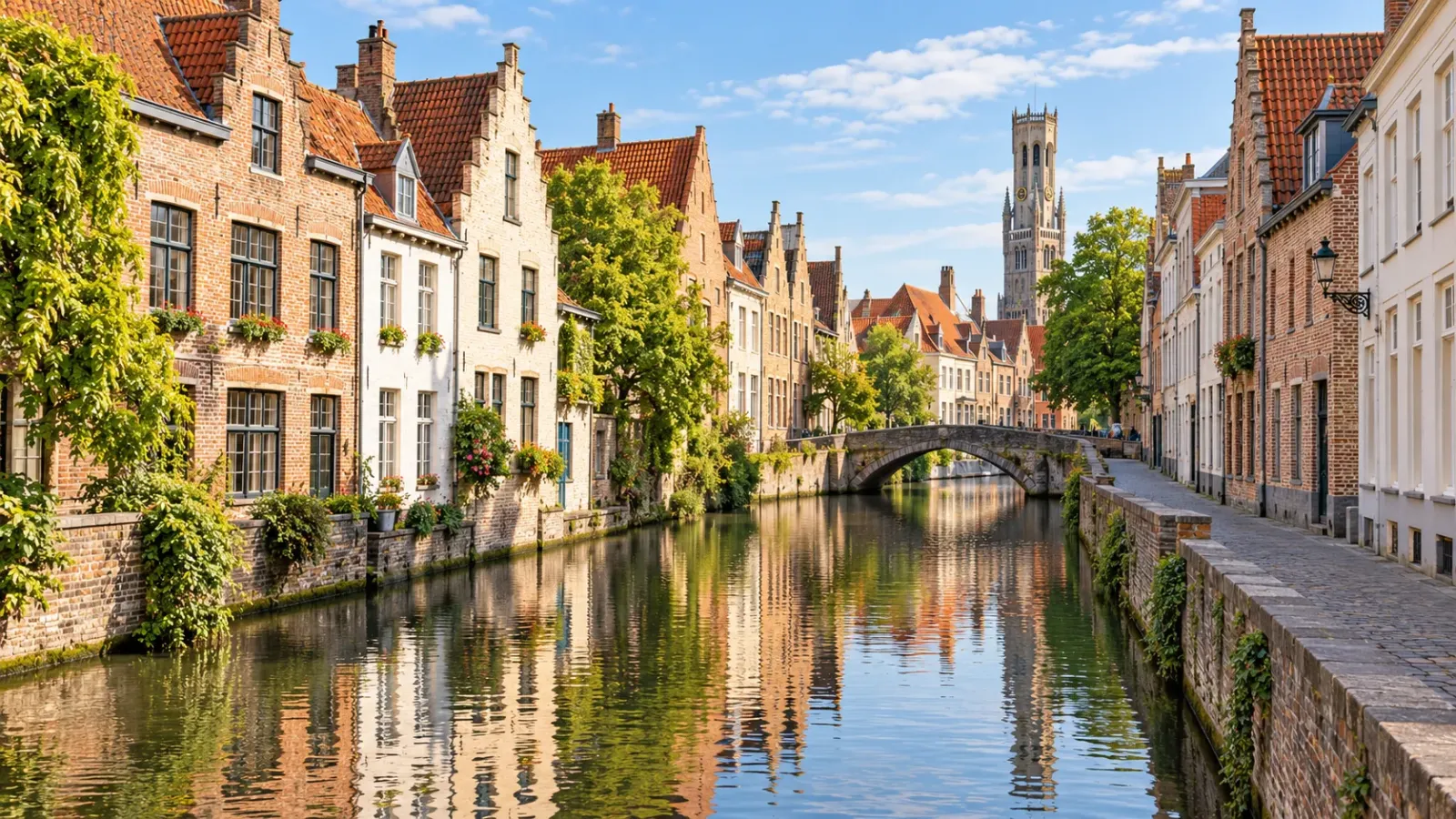 Kênh đào Bruges với những ngôi nhà lịch sử và cảnh quan phố cổ tại Bỉ