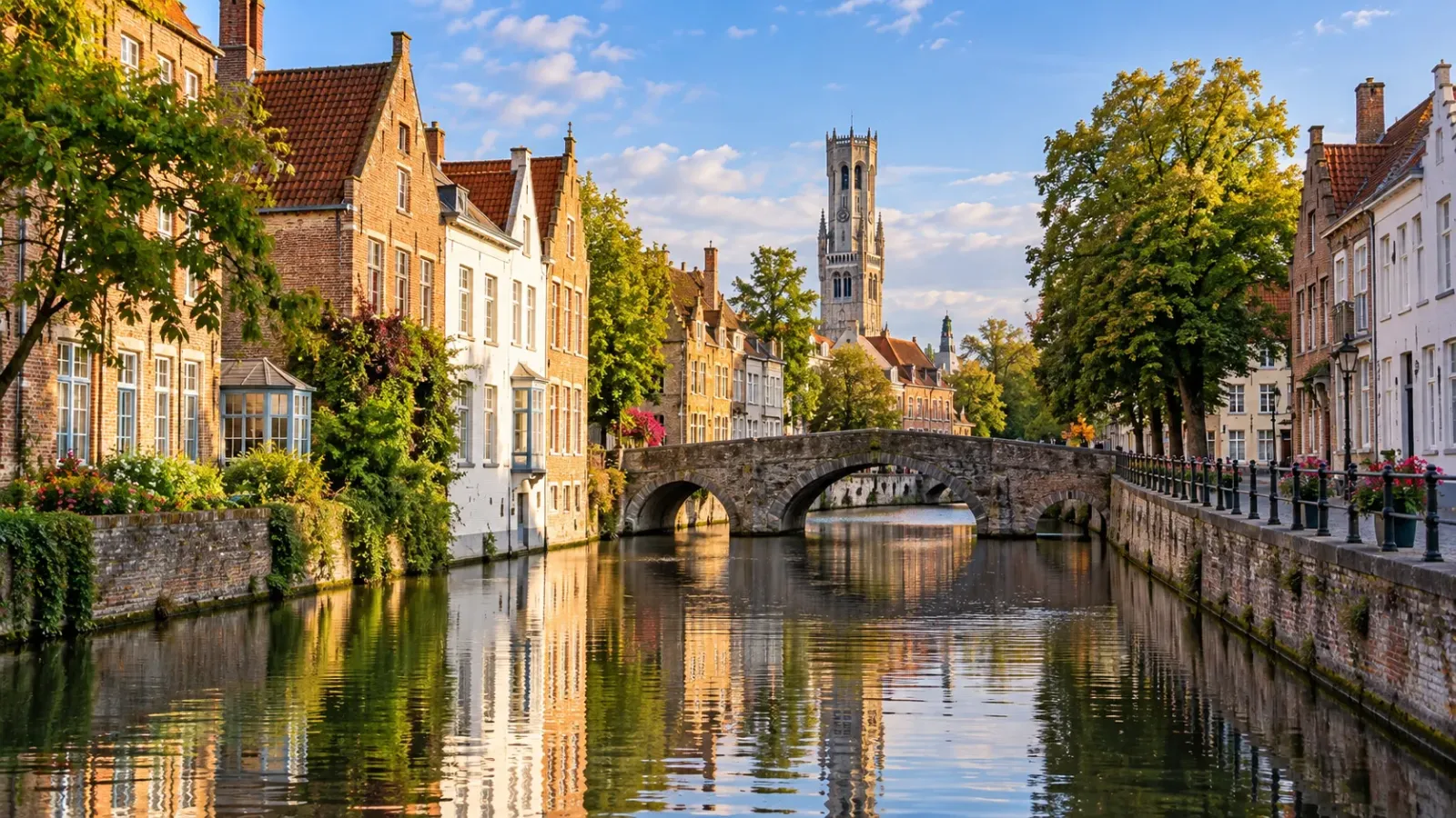 Kênh đào, cầu đá và những ngôi nhà cổ bên bờ nước tại trung tâm lịch sử Bruges, Bỉ