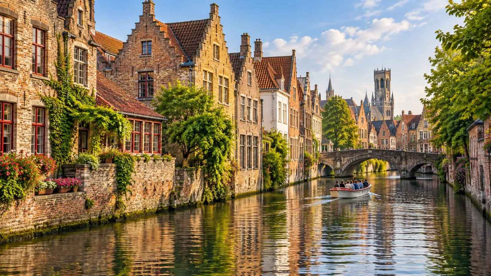 Kênh đào tại Bruges với những dãy nhà cổ nằm sát mặt nước, một chiếc thuyền và cây cầu đá ở phía xa.