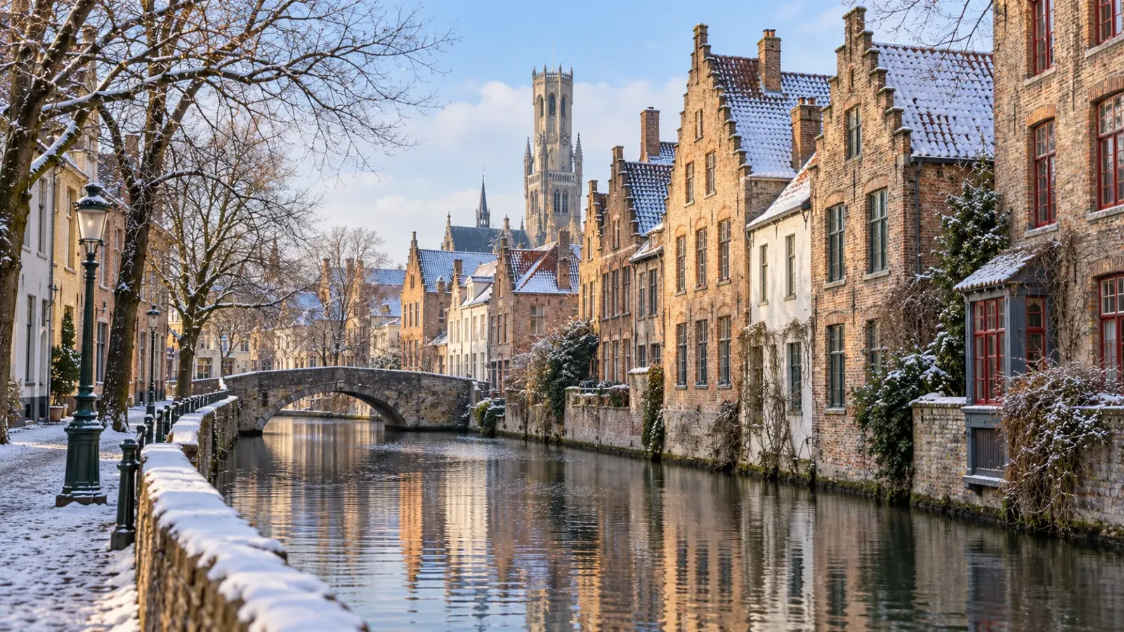 Kênh đào và những ngôi nhà cổ tại thành phố Bruges của Bỉ trong khung cảnh mùa đông